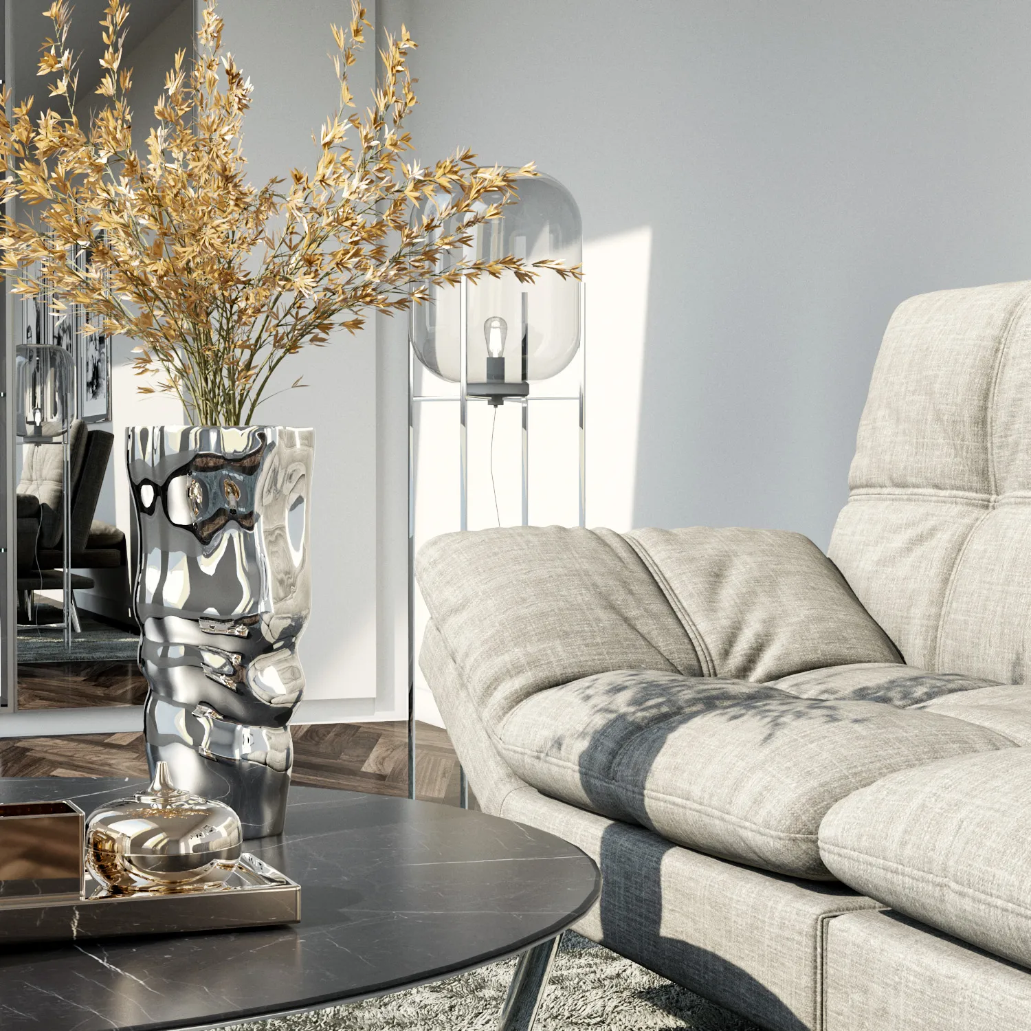Détail d’un salon contemporain avec méridienne beige, vase chromé, lampe en verre et lumière naturelle.