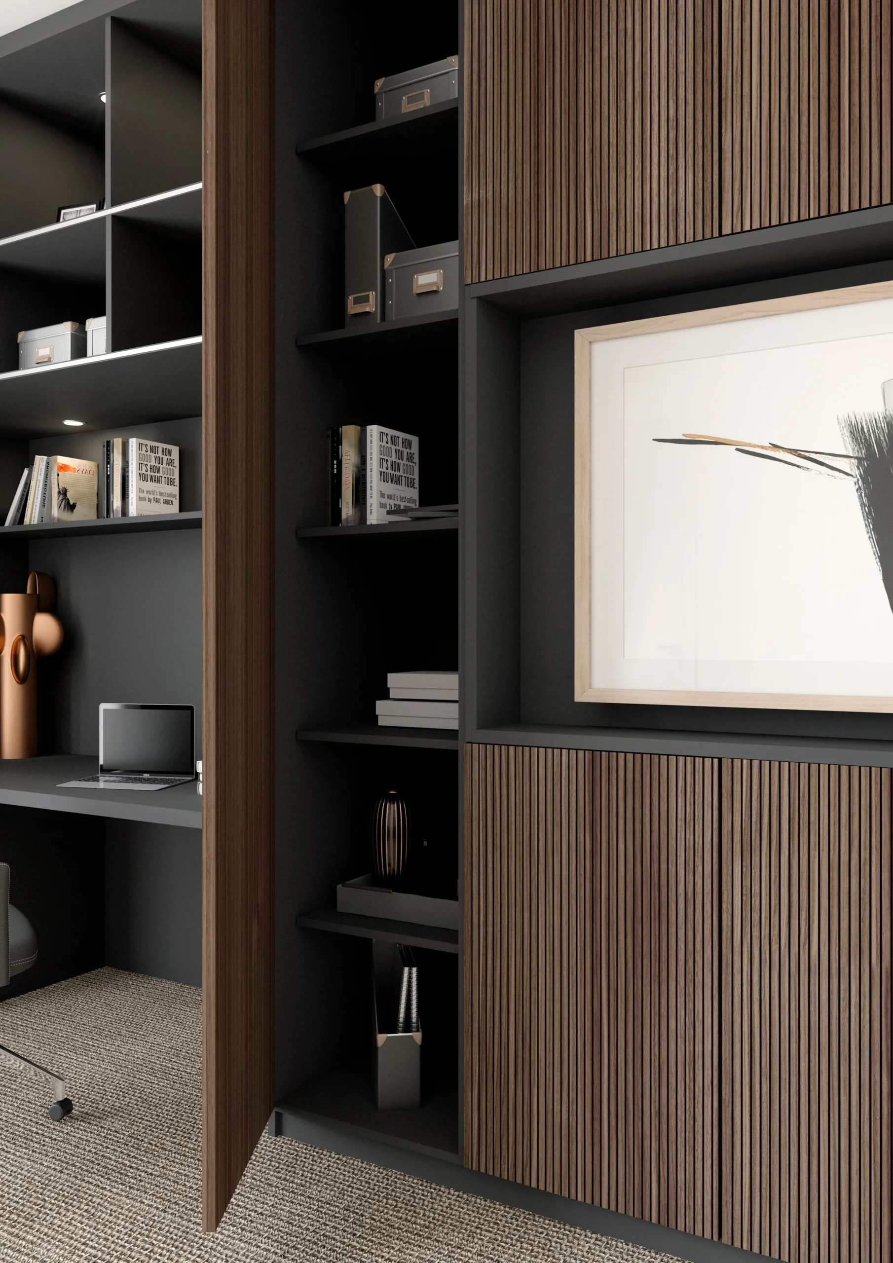 Détail d’un aménagement sur mesure avec bureau intégré, bibliothèque noire, façades décor bois rainuré et niche décorative.