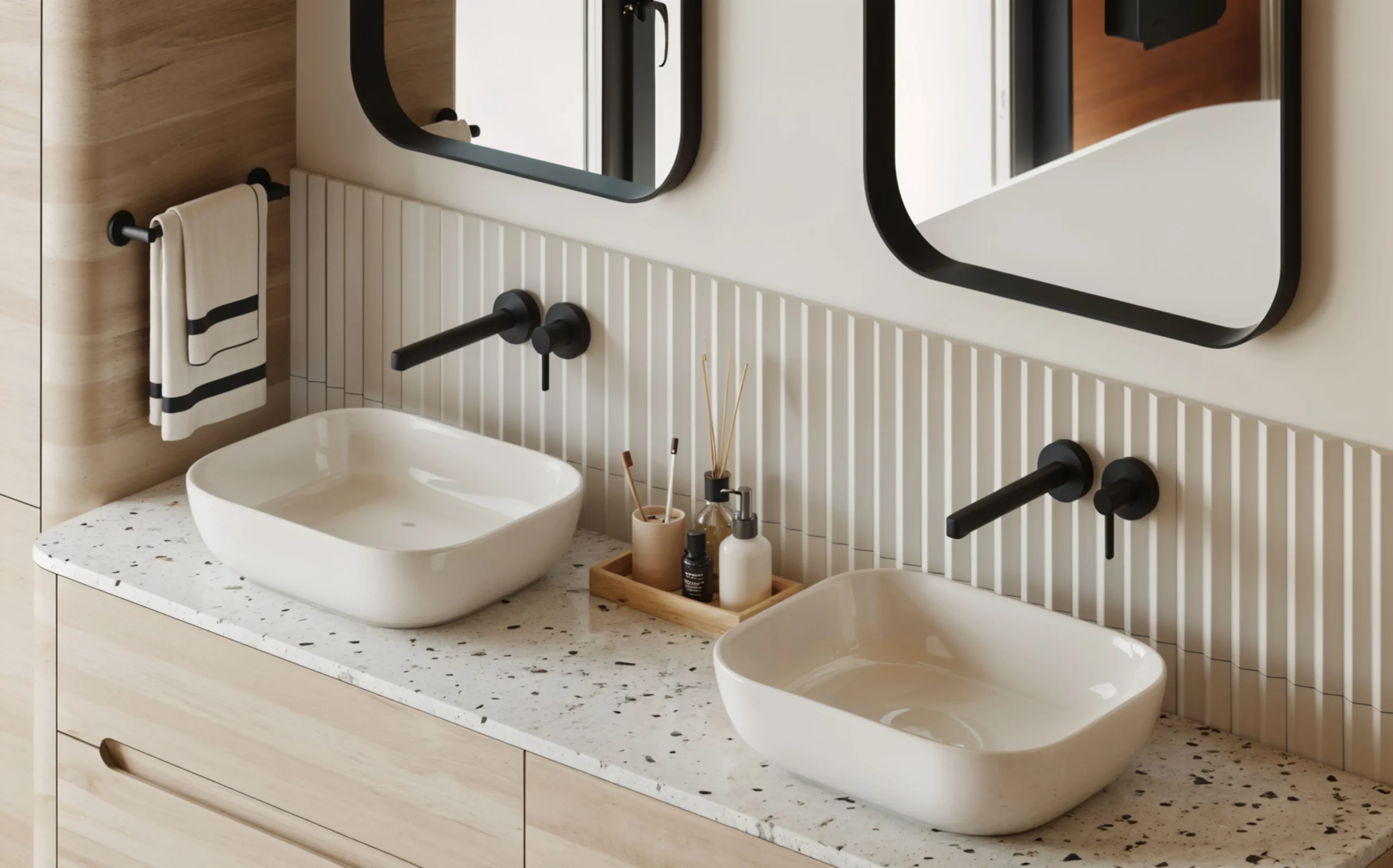 Salle de bain contemporaine avec double vasque blanche, miroirs arrondis, robinetterie murale noire et crédence verticale texturée.