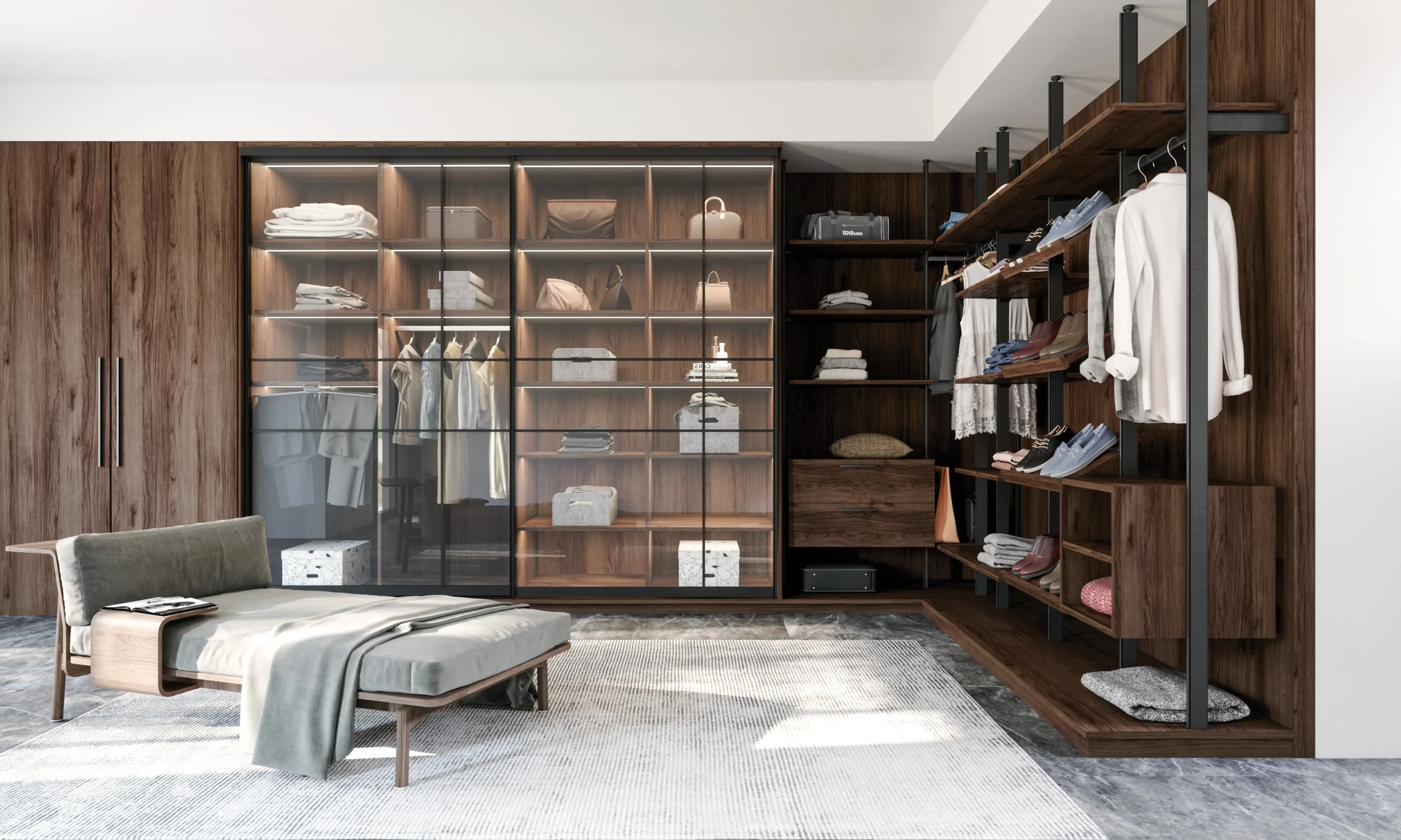 Dressing sur mesure avec portes vitrées fumées, éclairage intégré, étagères bois et espace ouvert pour vêtements et chaussures.