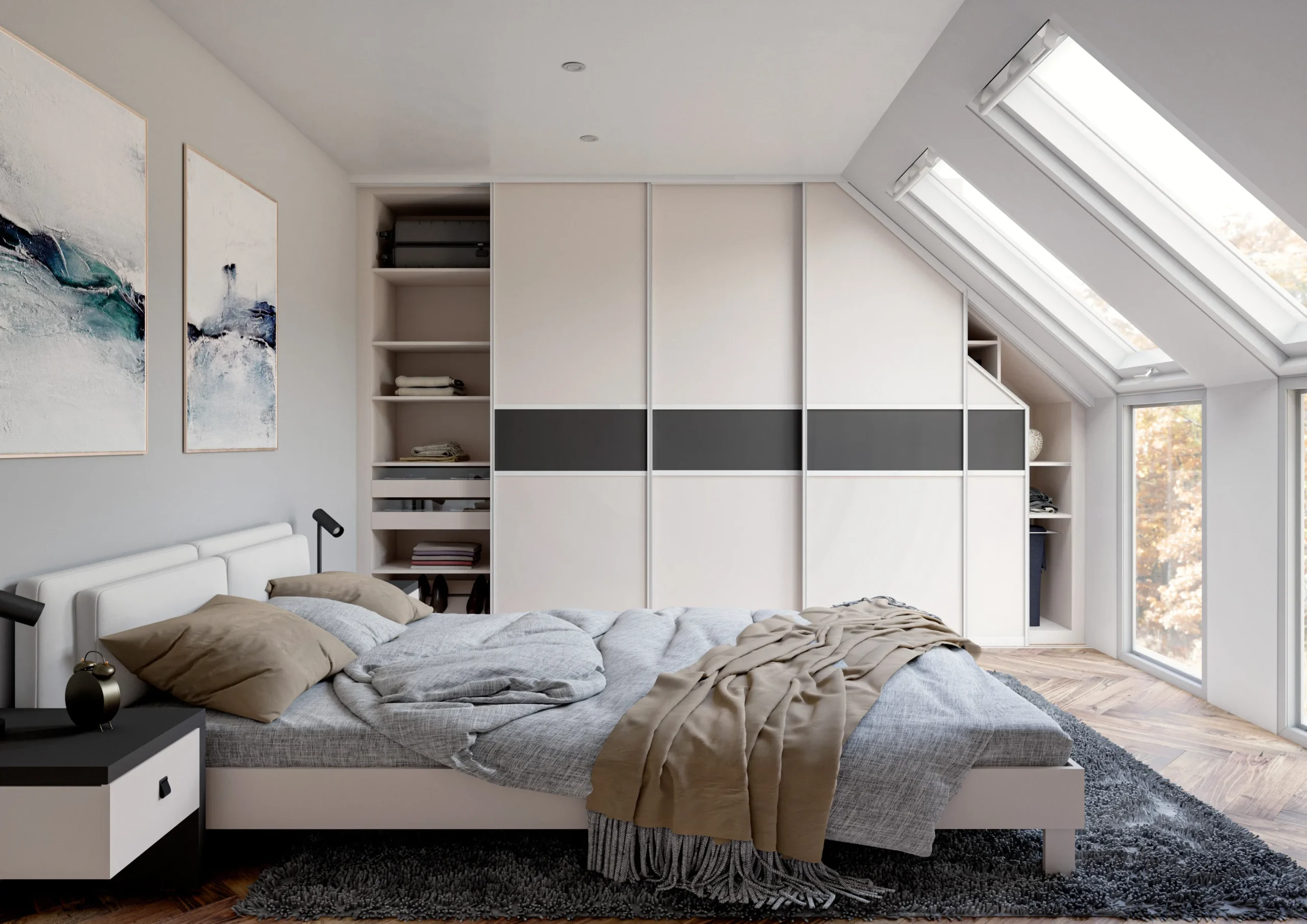 Dressing sous pente sur mesure avec portes coulissantes blanches, bande décorative grise et rangements ouverts latéraux.