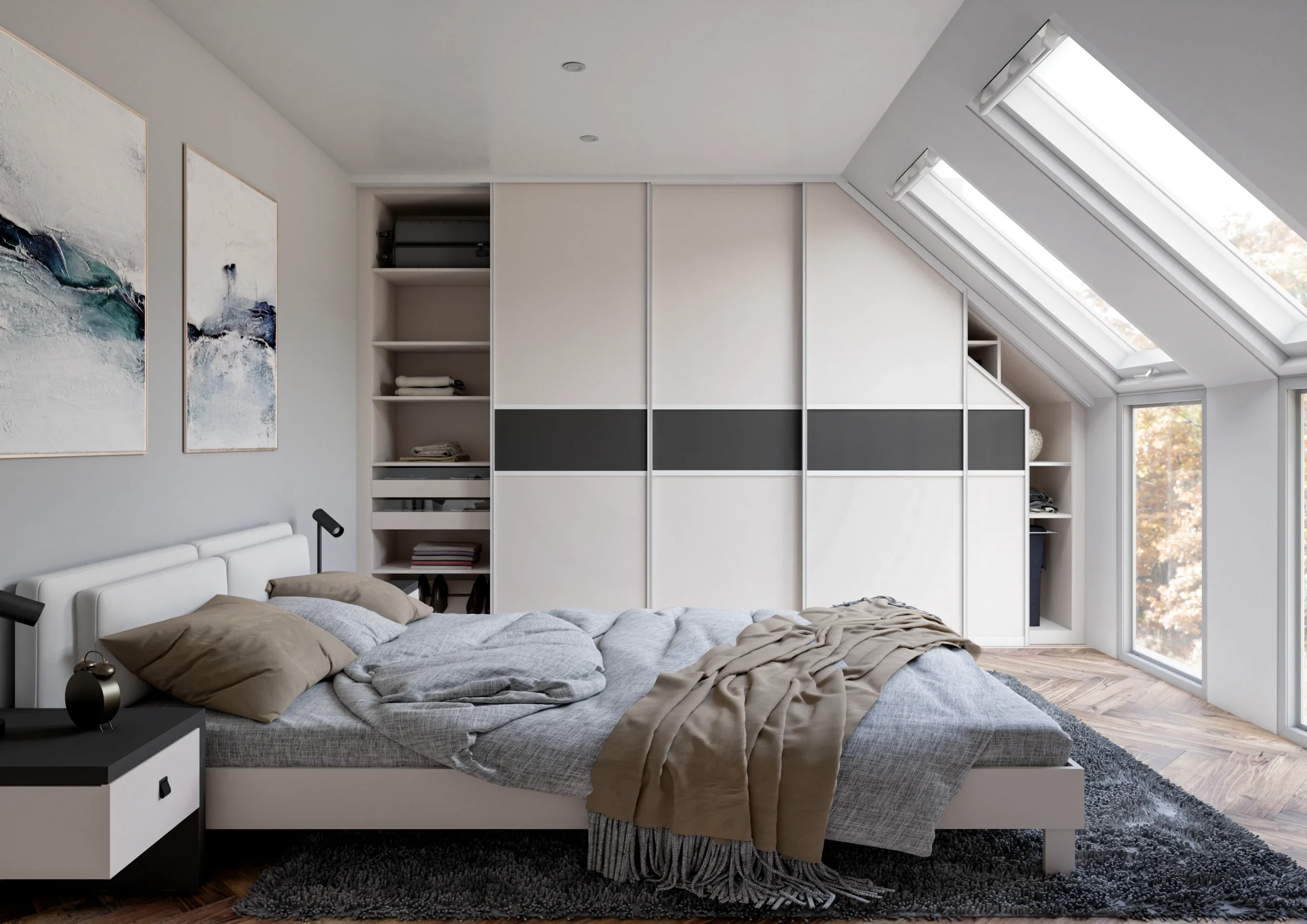 Dressing sous pente sur mesure avec portes coulissantes blanches, bande décorative grise et rangements ouverts latéraux.