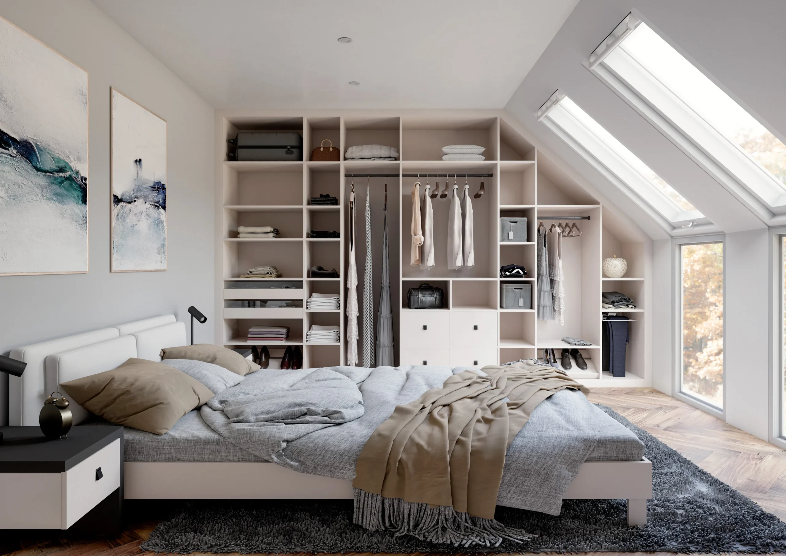 Dressing sous pente sur mesure ouvert, avec penderies, étagères, tiroirs et rangements adaptés à une chambre mansardée.