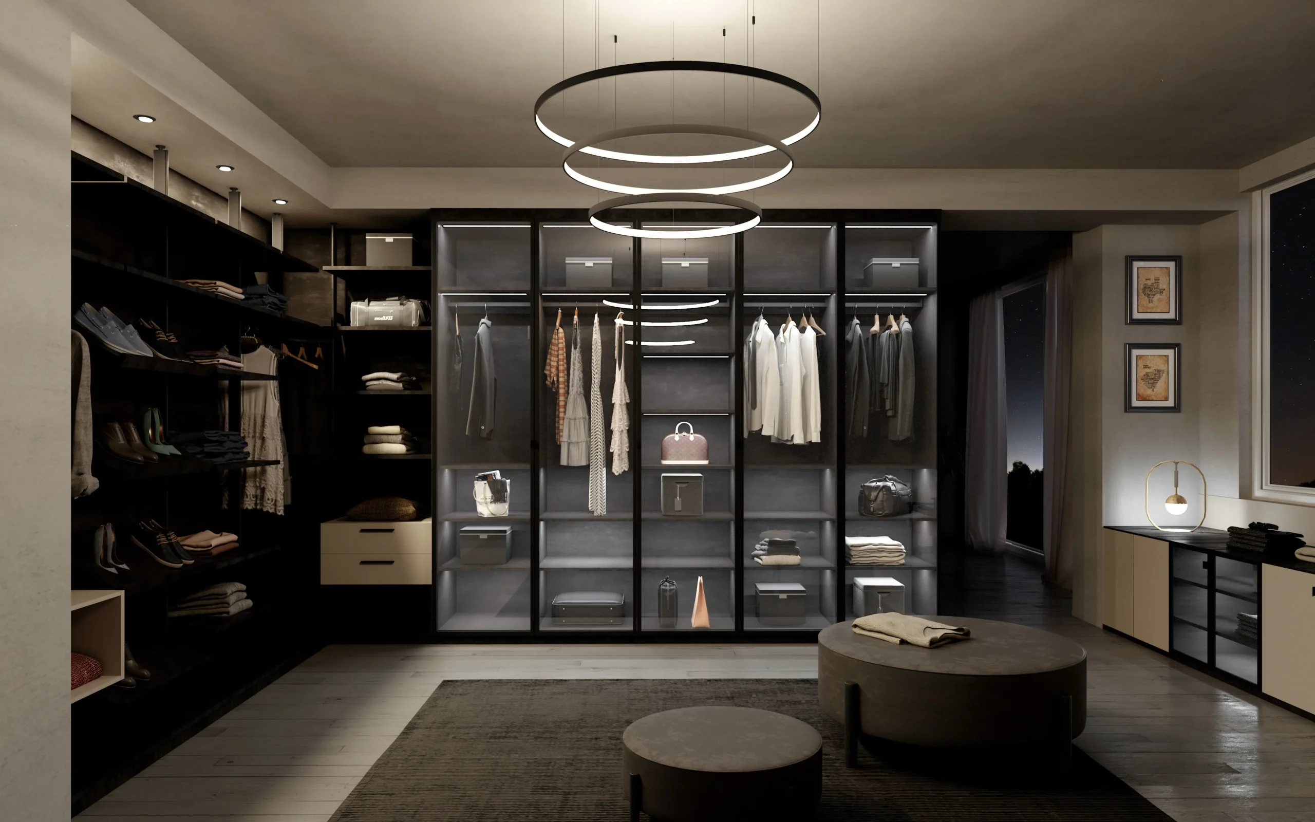 Dressing sur mesure avec portes vitrées, rangements ouverts, penderies éclairées, îlot central et ambiance contemporaine.
