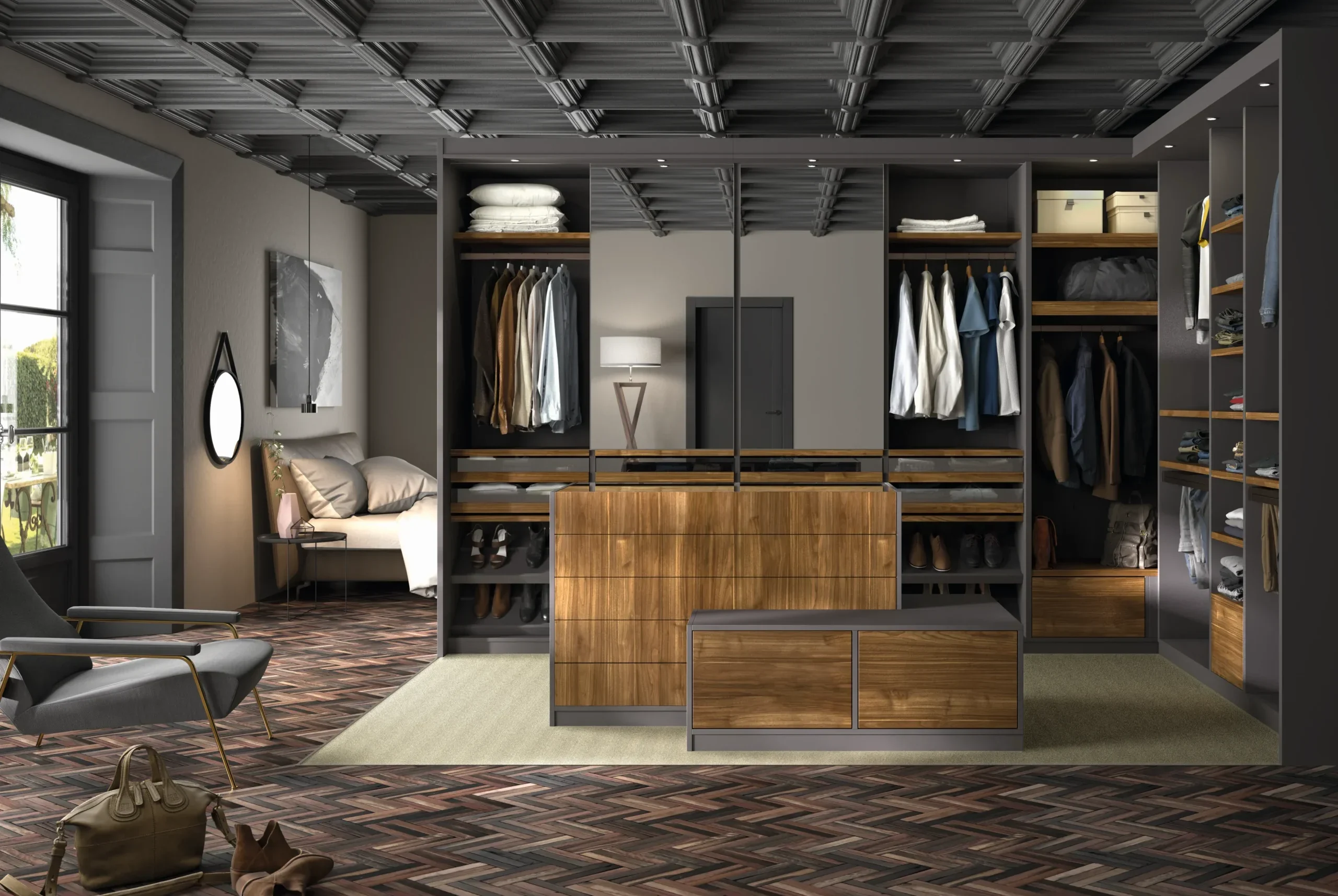 Dressing sur mesure ouvert avec penderies, rangements pour chaussures, tiroirs bois, façades vitrées et îlot central.