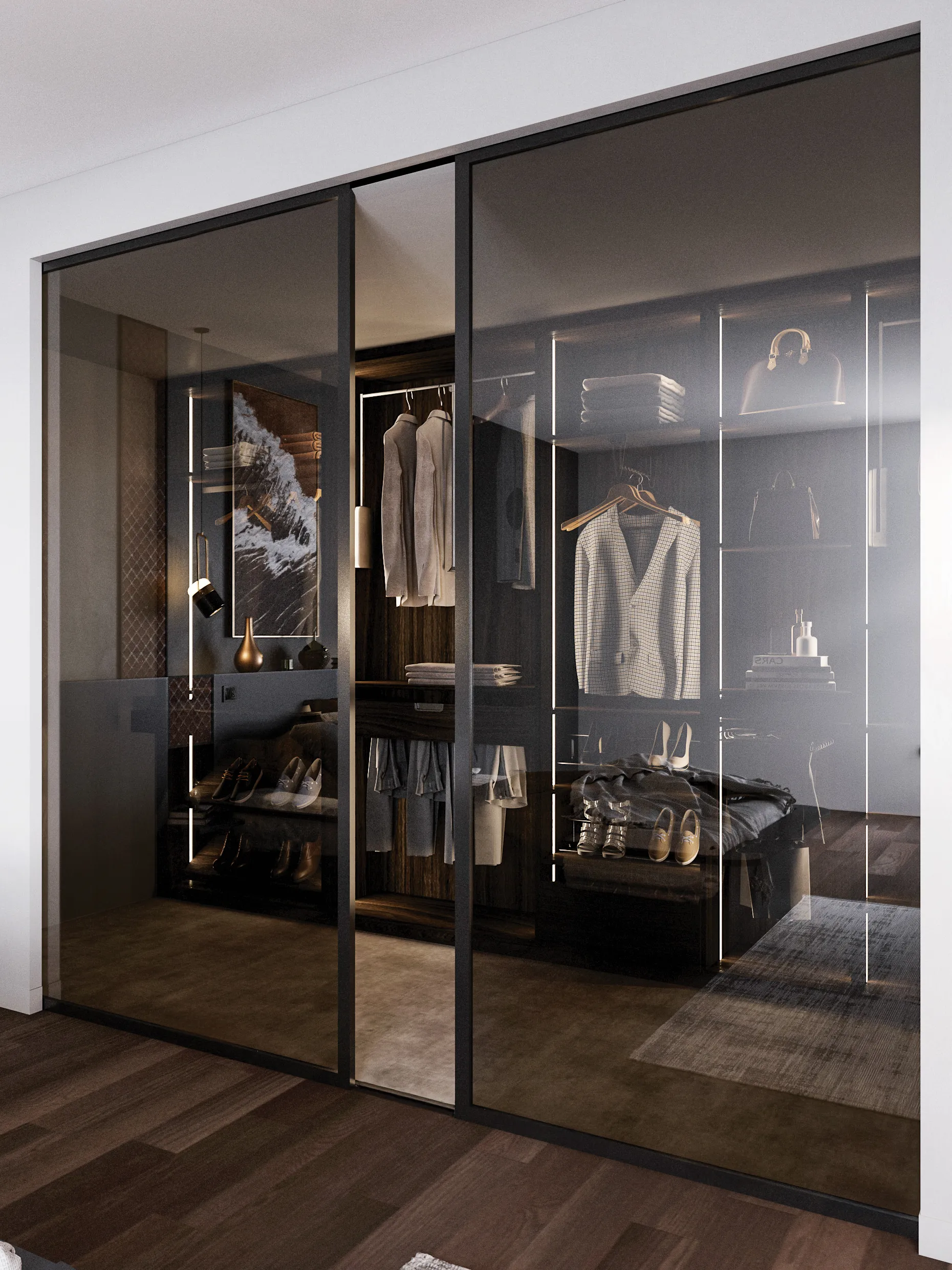 Dressing sur mesure fermé par de grandes façades en verre fumé, avec éclairage intérieur, penderies, étagères et rangements visibles dans une suite parentale contemporaine.