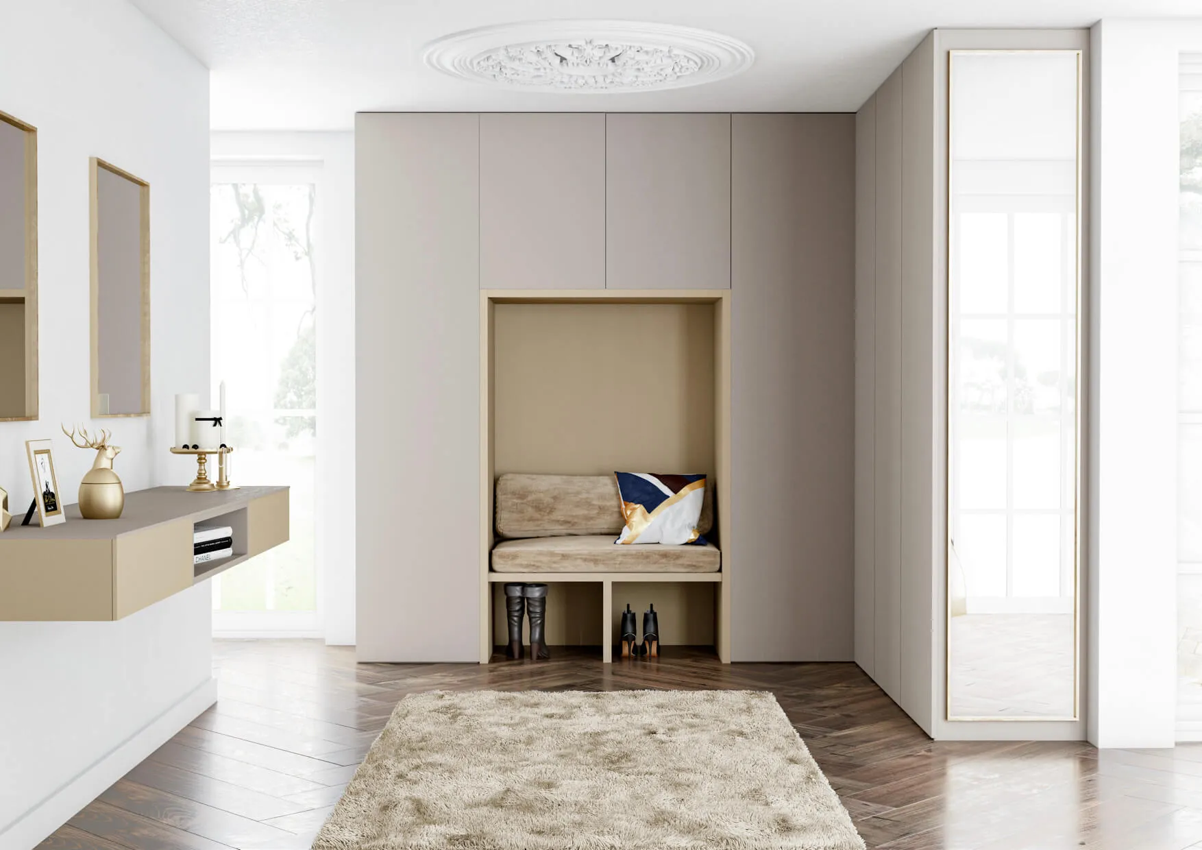 Entrée sur mesure avec banquette encastrée, rangements toute hauteur, miroir vertical et meuble suspendu décoratif.