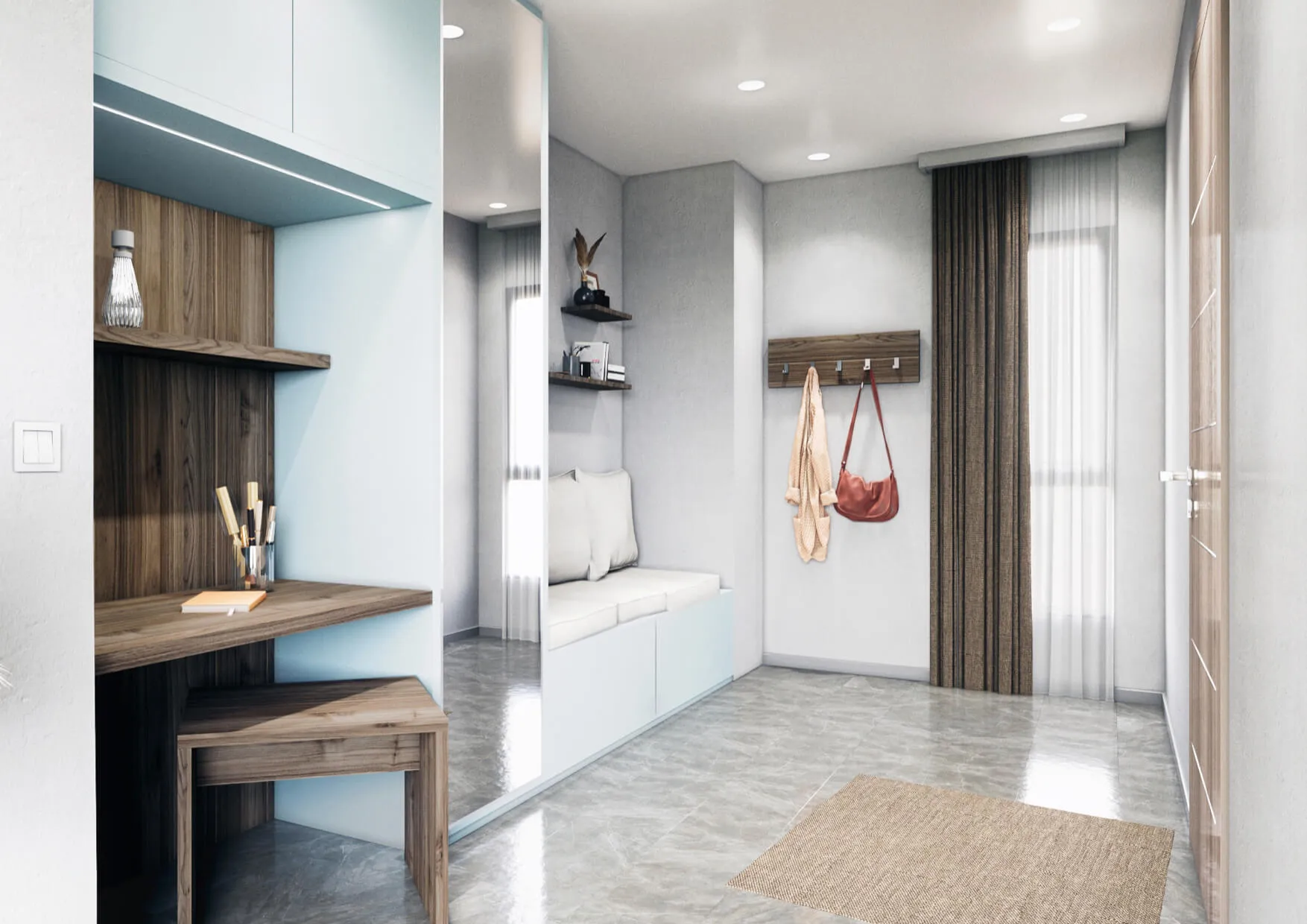 Entrée sur mesure avec coin bureau décor bois, banquette intégrée, patères murales et rangements discrets.
