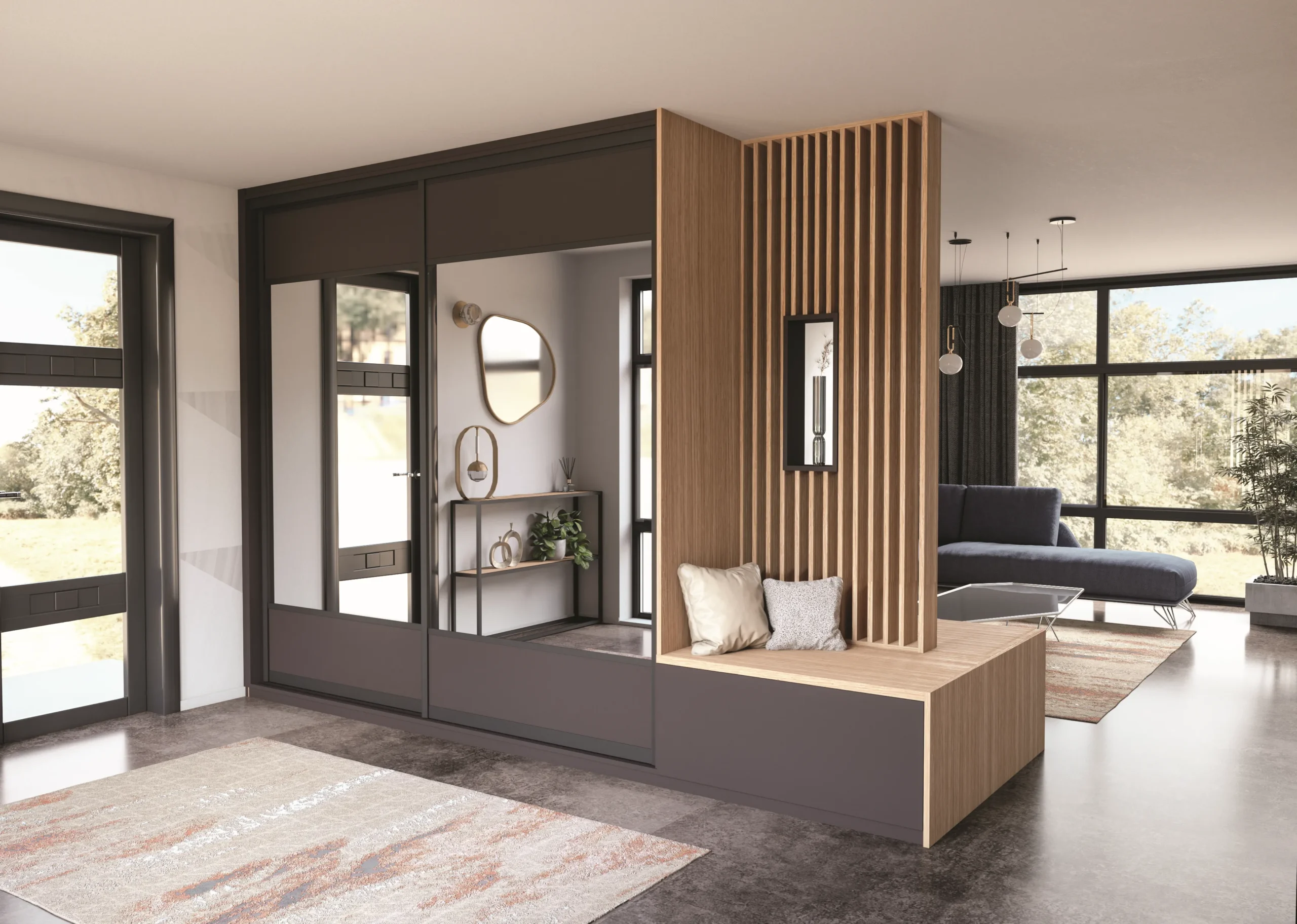 Entrée sur mesure avec placard coulissant, claustra bois, banquette intégrée et rangements fermés dans un espace ouvert.