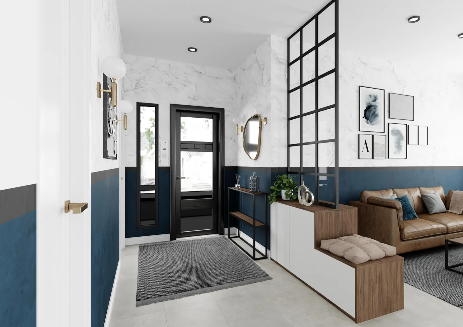 Entrée sur mesure avec verrière noire, banquette intégrée, claustra graphique et séparation vers le salon.