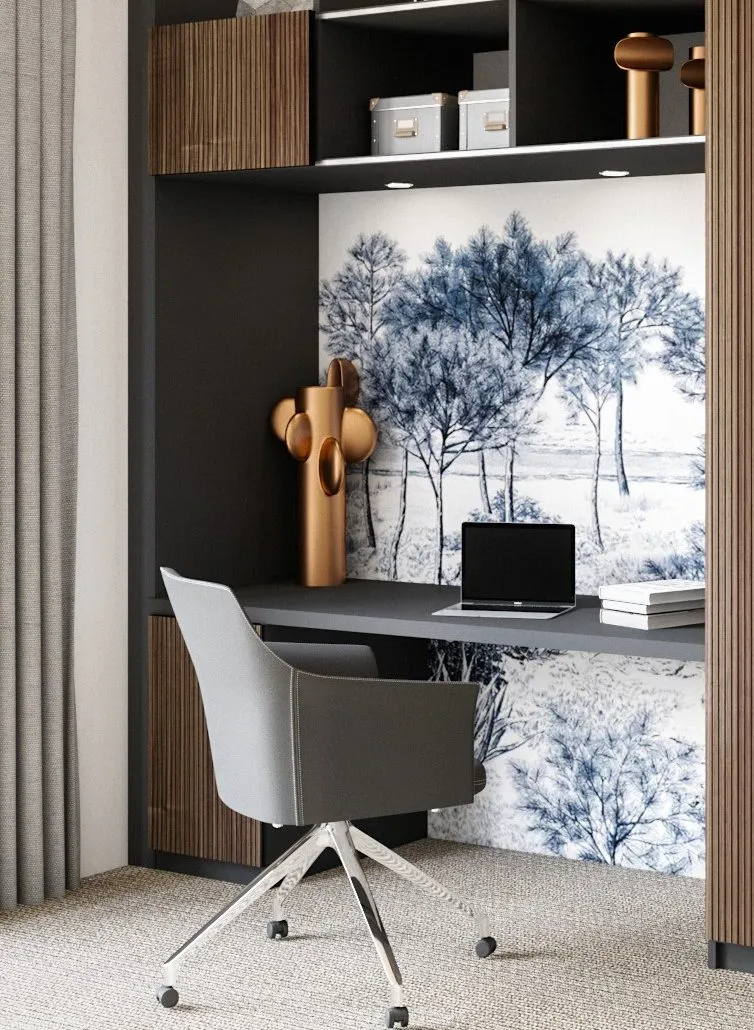Bureau sur-mesure avec fauteuil gris, rangements bois rainuré et papier peint paysage en noir et blanc.