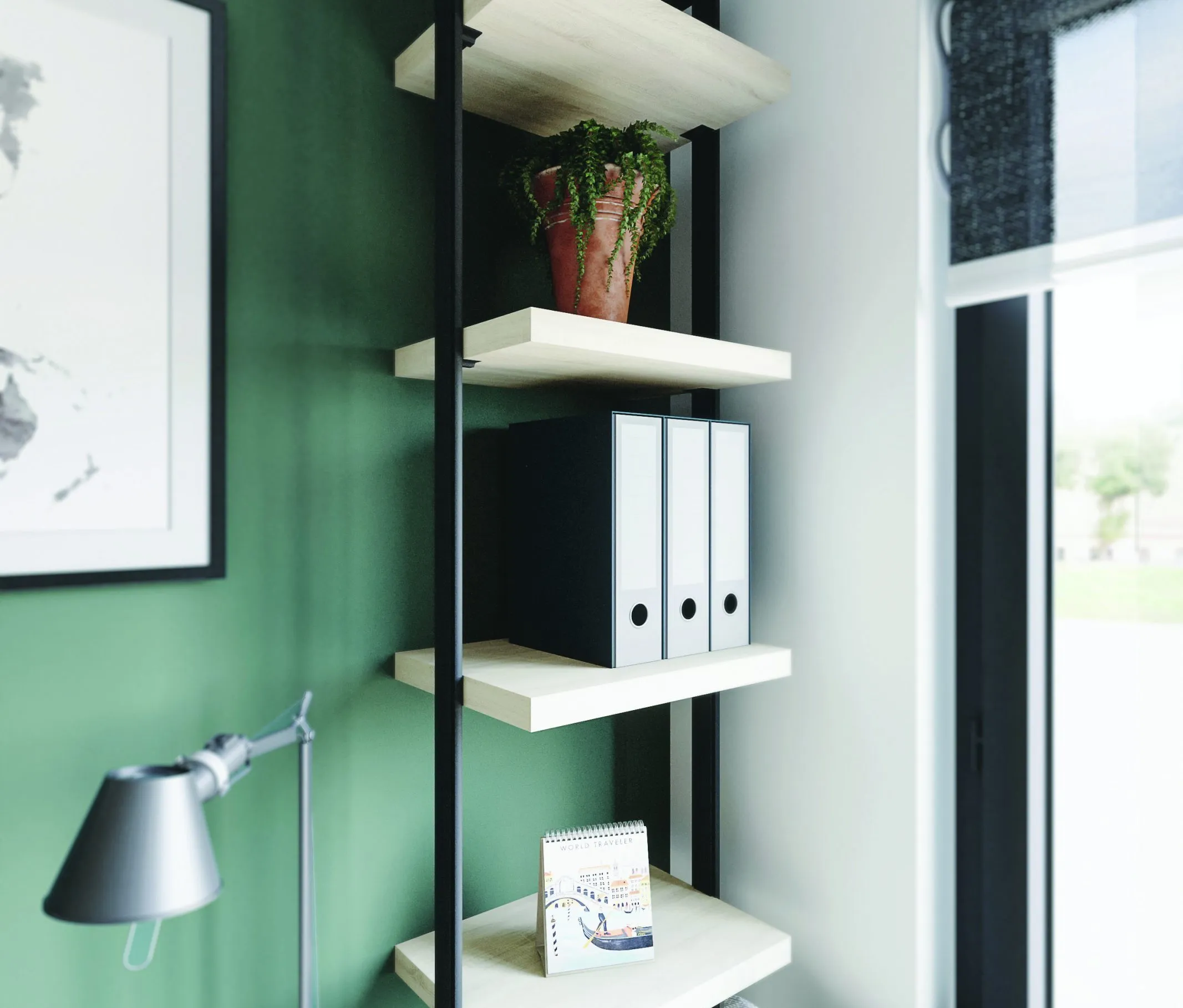Étagère murale sur mesure avec structure noire, tablettes décor bois et rangements pour dossiers dans un bureau.