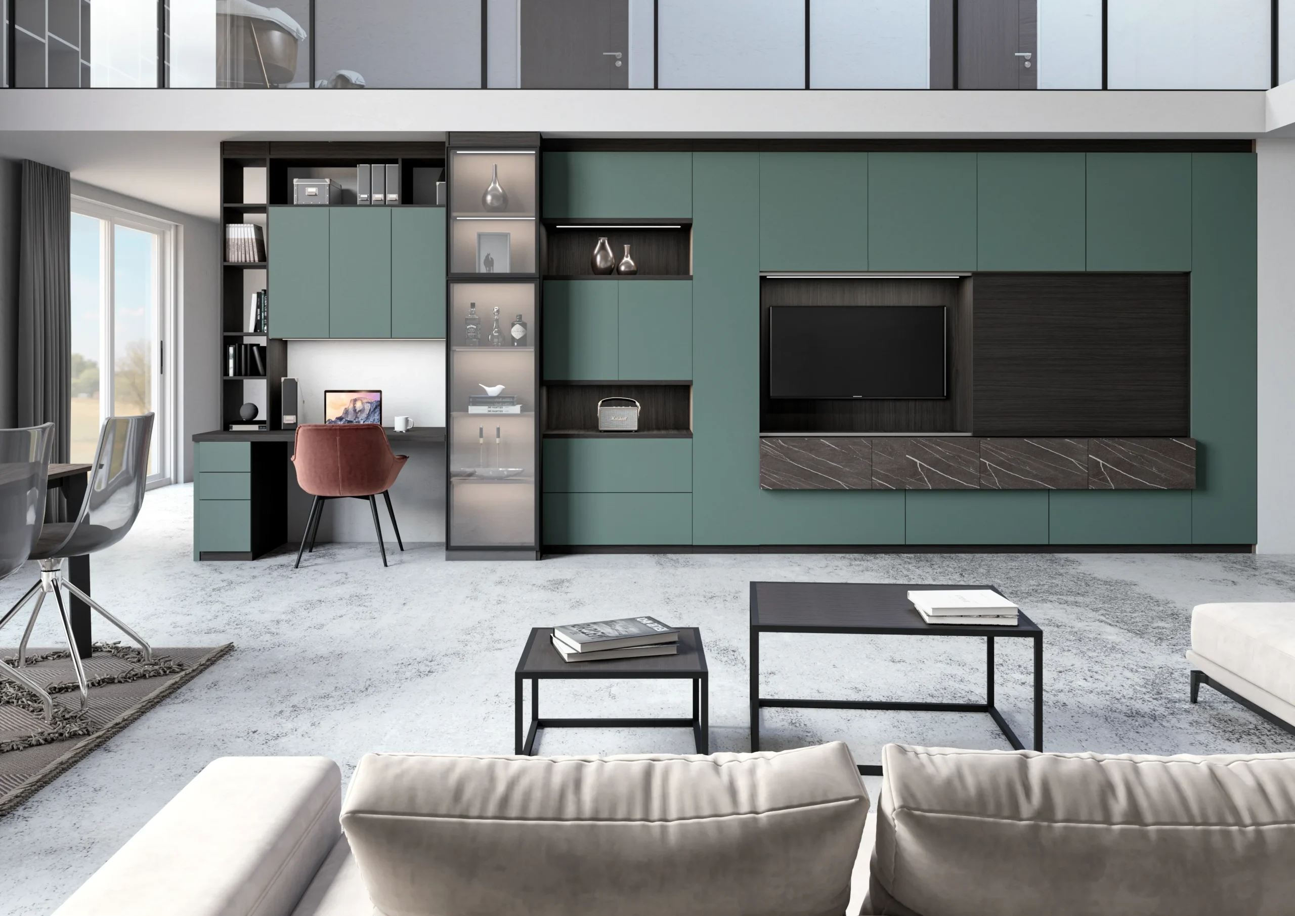 Grand meuble TV sur mesure avec façades vertes, bureau intégré, niches éclairées et rangements muraux dans un séjour contemporain.