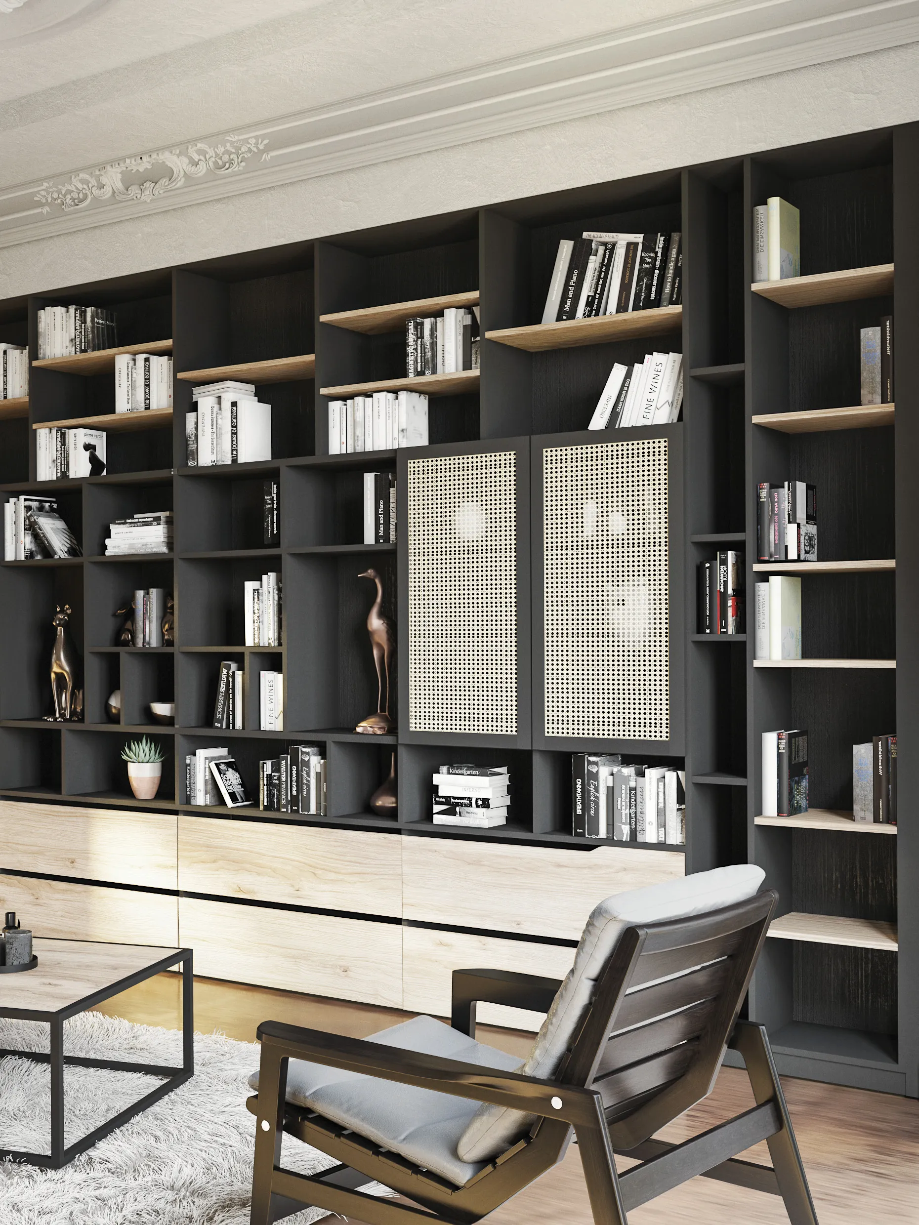 Bibliothèque murale sur mesure avec structure noire, étagères bois clair, nombreux compartiments ouverts et façades cannage pour un salon au style affirmé.