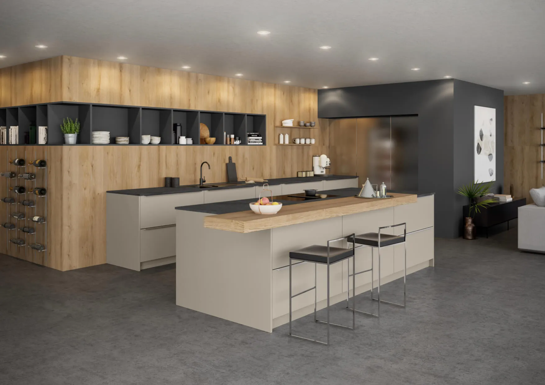 Cuisine ouverte beige et bois avec îlot central, linéaire mural, niches de rangement, cave à vin et espace de vie contemporain.