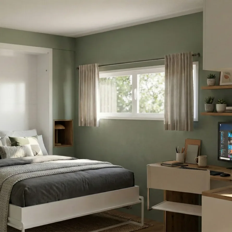 Lit escamotable sur-mesure ouvert dans une chambre avec bureau, rangements muraux et décoration douce.