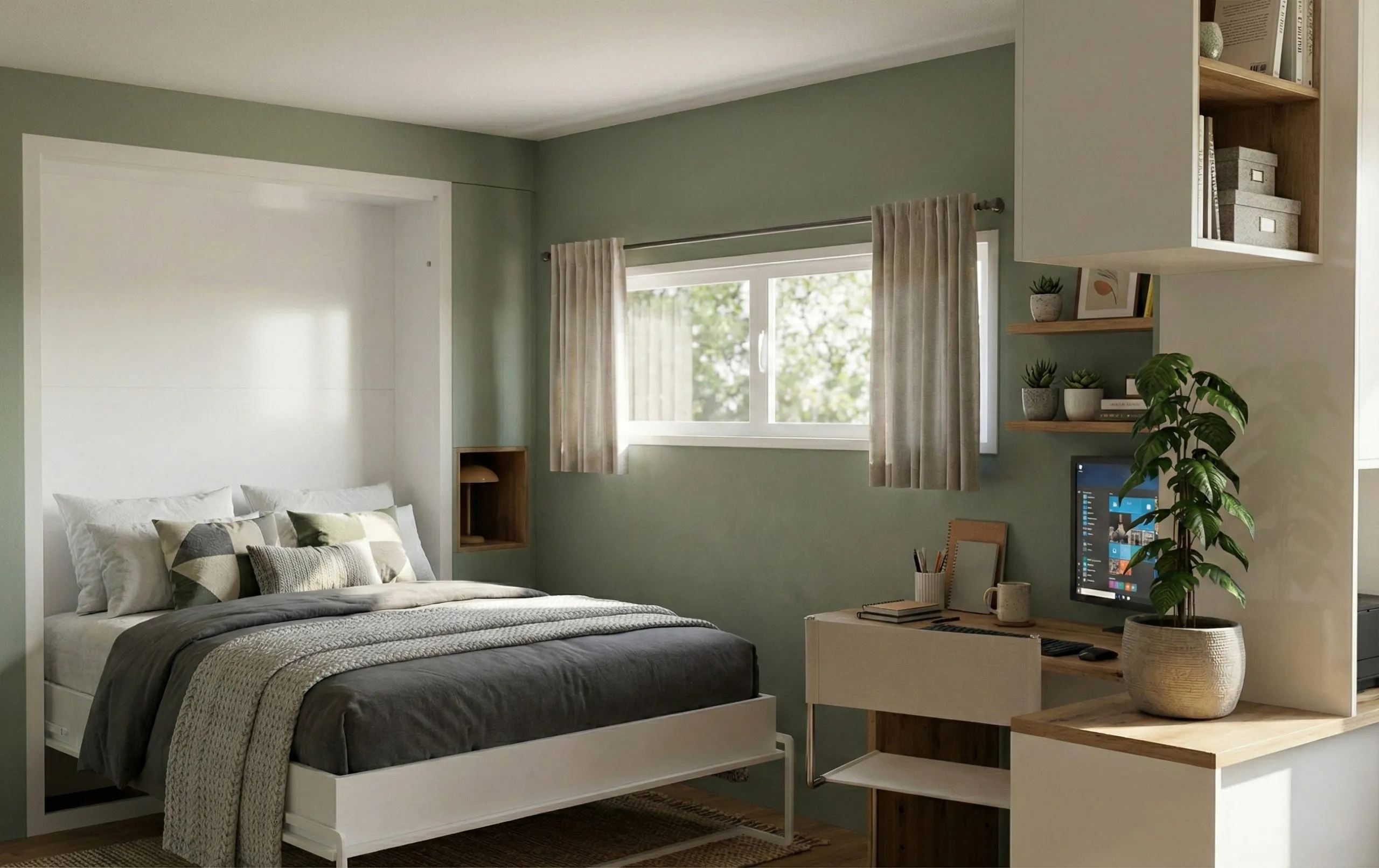 Lit escamotable sur-mesure ouvert dans une chambre avec bureau, rangements muraux et décoration douce.