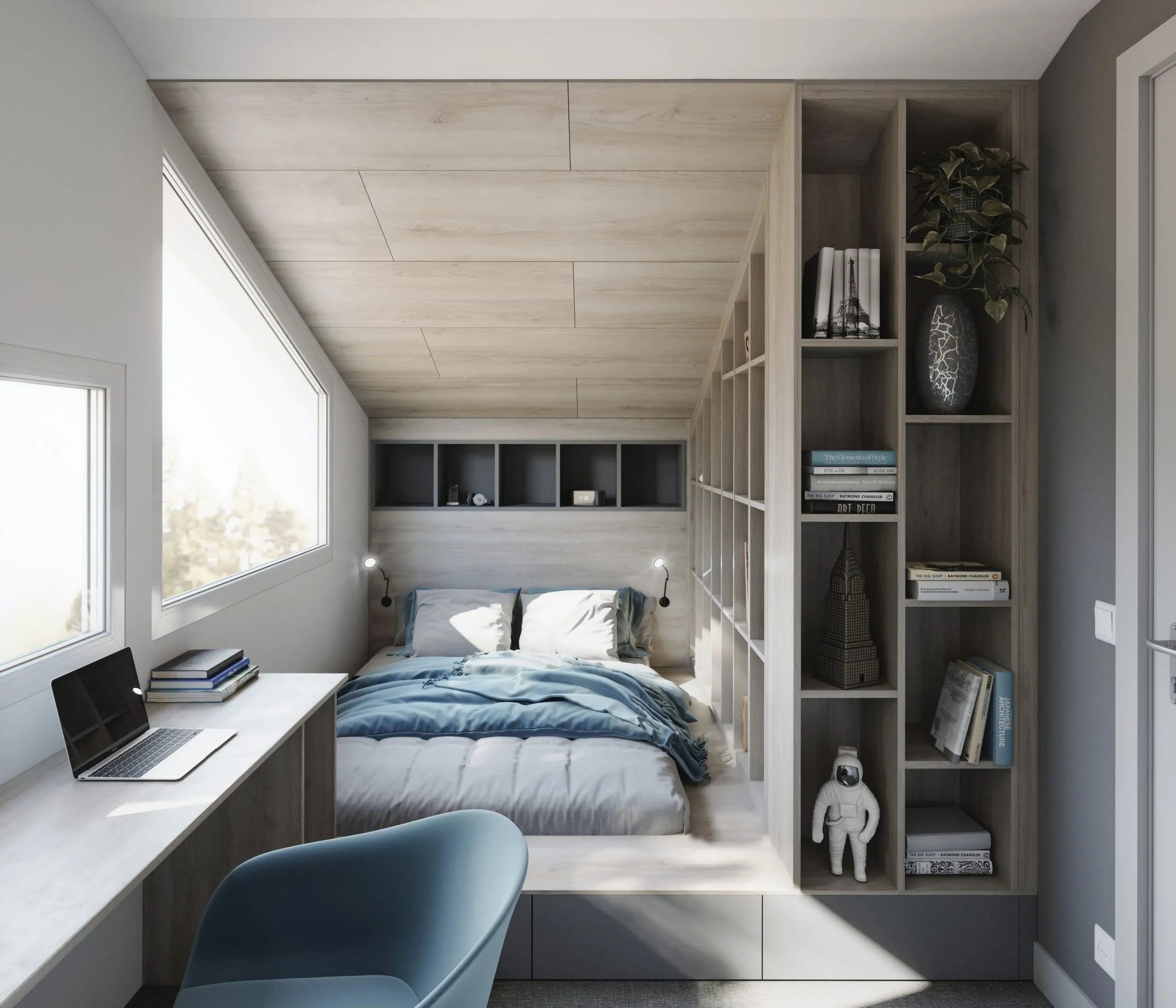Lit sur mesure intégré dans un aménagement compact avec bibliothèque, rangements bas et bureau près de la fenêtre.