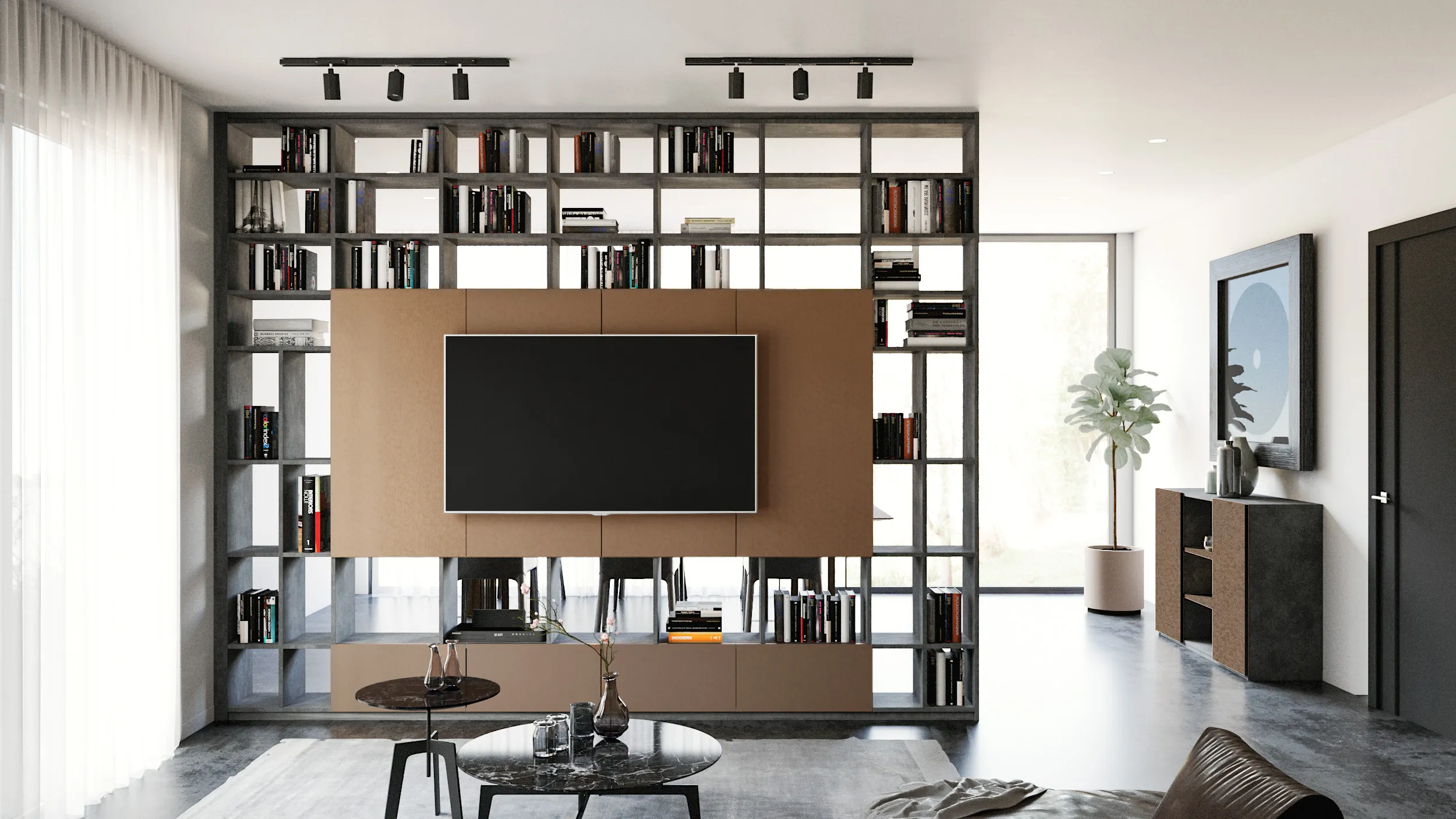 Meuble TV bibliothèque sur mesure avec rangements ouverts, panneaux bois et niches décoratives dans un salon contemporain.