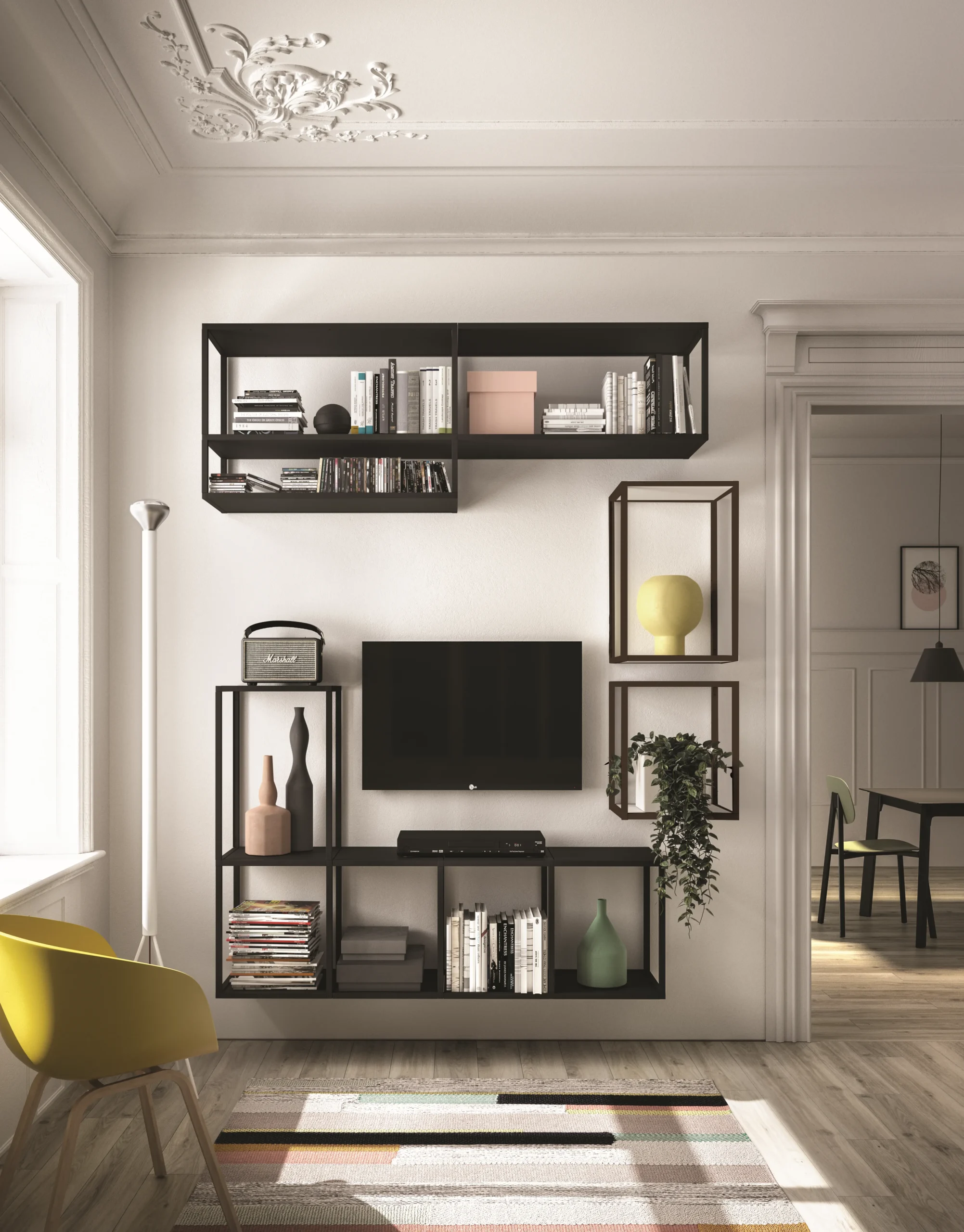 Meuble TV mural sur-mesure avec structure noire, étagères graphiques et rangements ouverts dans un salon contemporain.