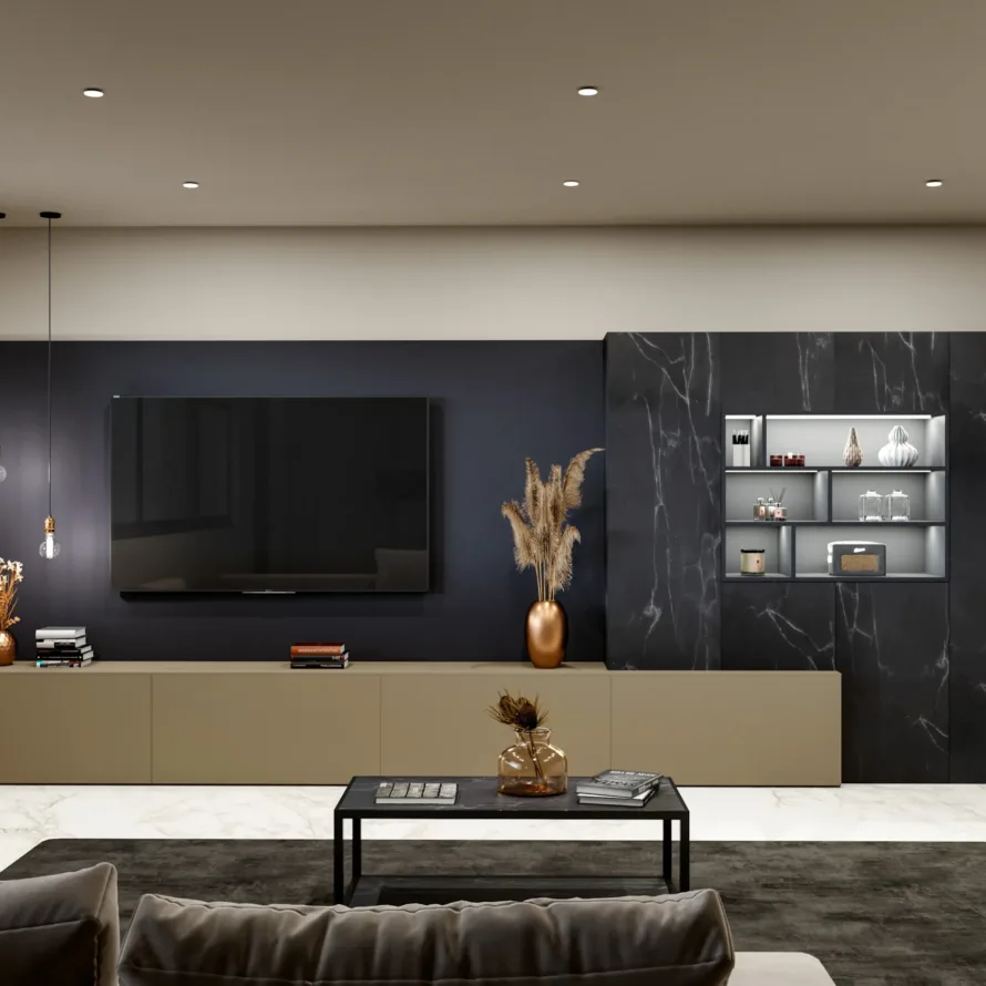 Meuble TV sur mesure avec rangements bas, niches décoratives éclairées et grandes façades effet pierre noire dans un salon contemporain.