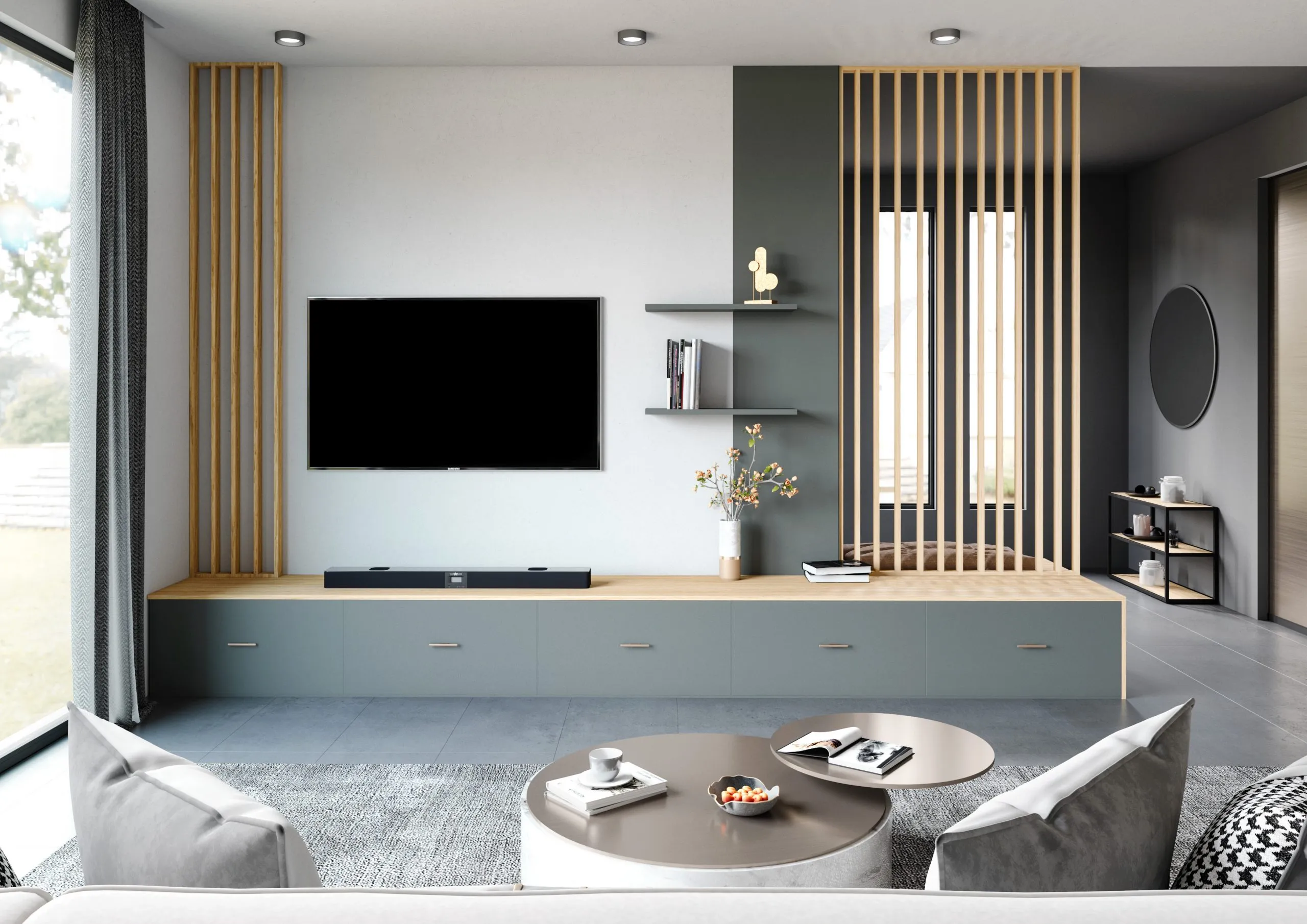 Meuble TV sur mesure avec meuble bas, claustra décor bois et banquette intégrée pour structurer le salon.