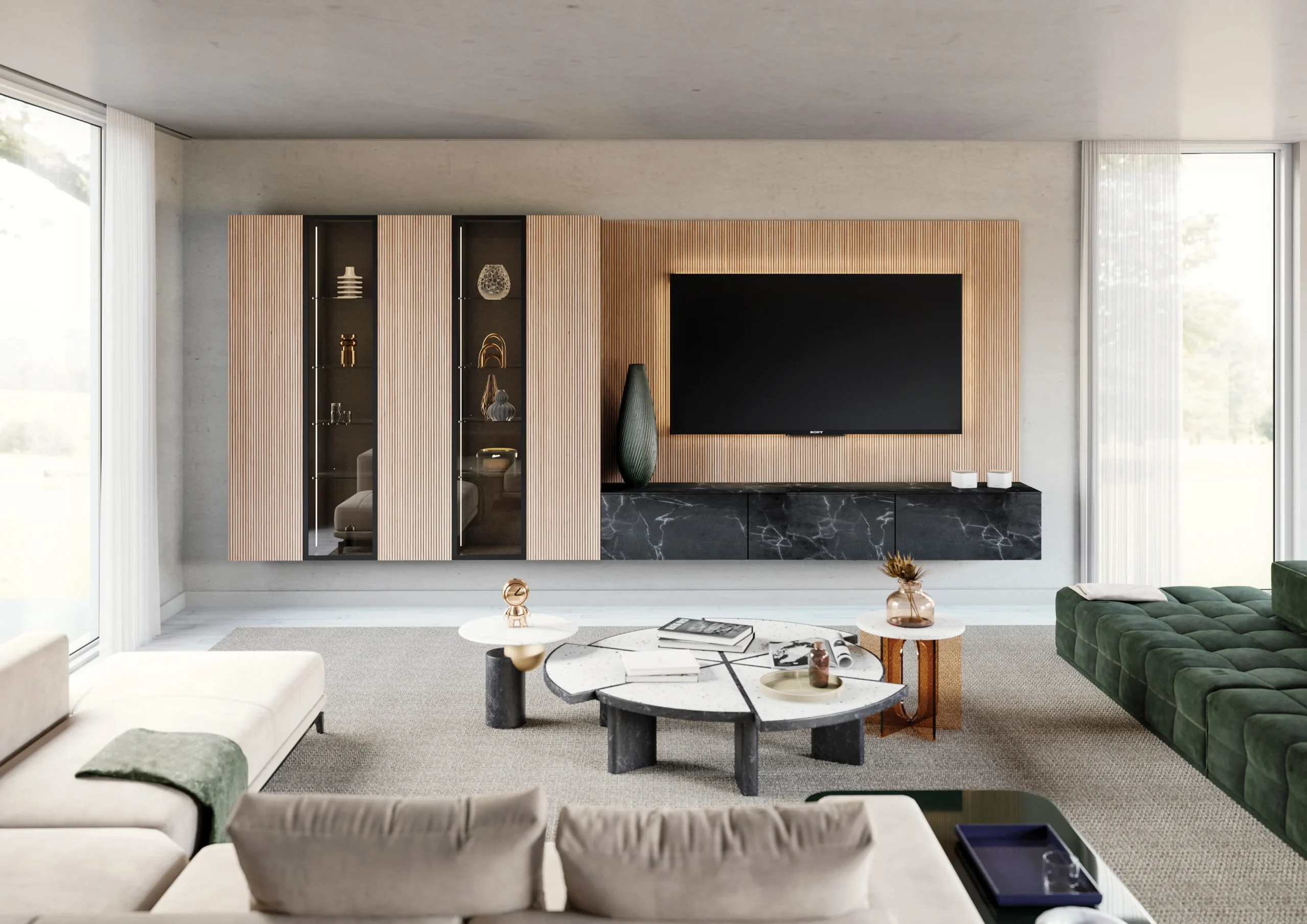 Meuble TV mural sur mesure avec placage chêne de fil à lamelles, vitrines fumées et rangements suspendus effet marbre noir.
