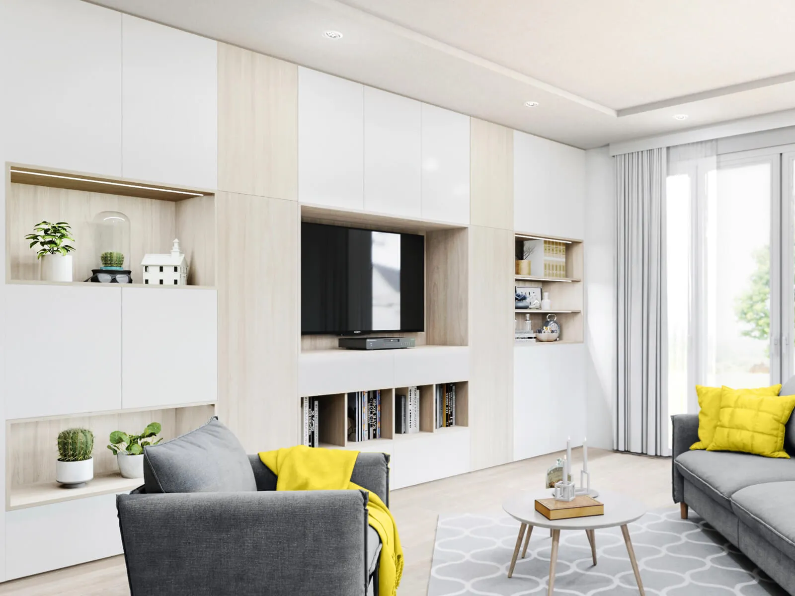 Meuble TV sur mesure blanc et bois clair avec niches ouvertes, rangements fermés et bibliothèque intégrée.