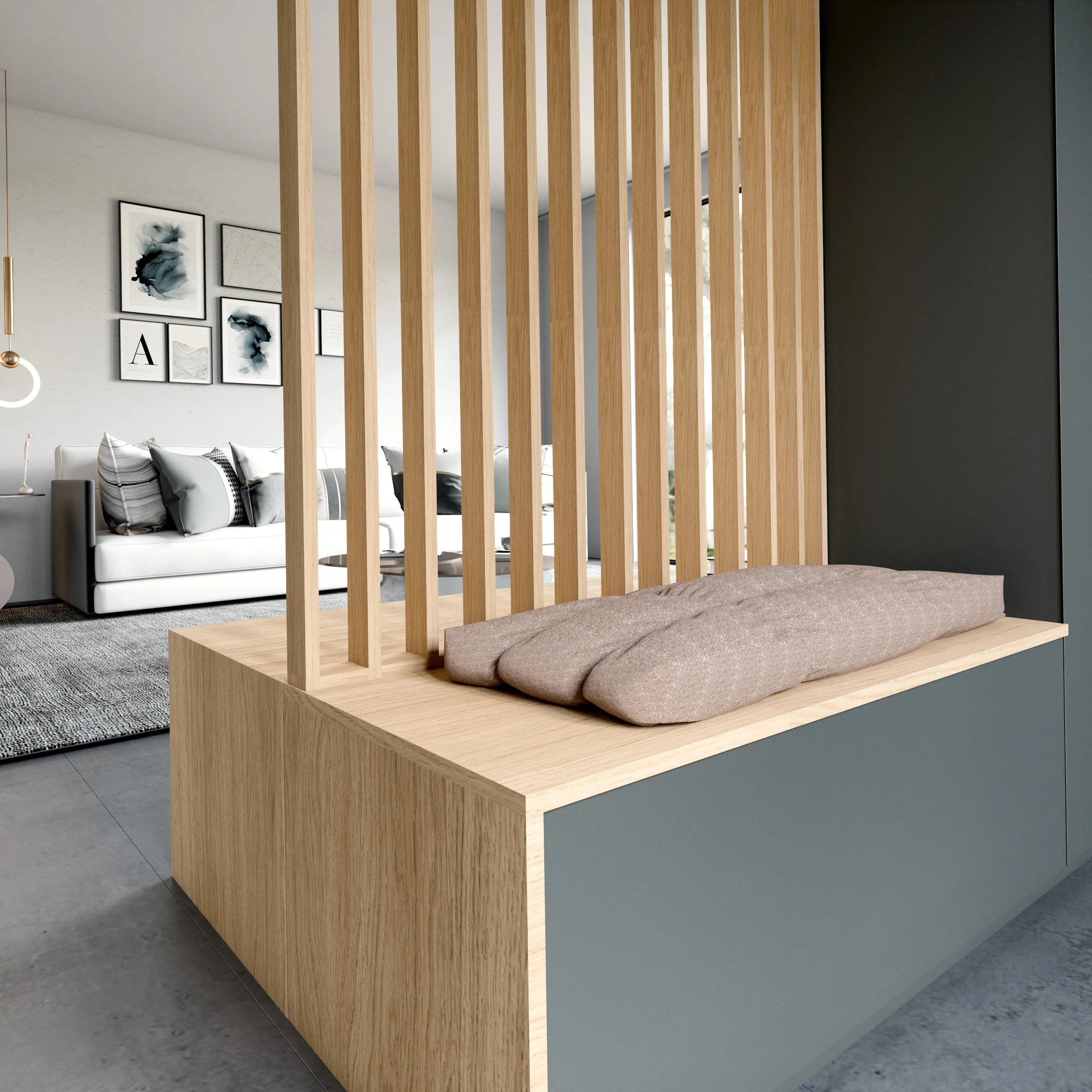 Meuble TV sur mesure avec meuble bas, claustra décor bois et banquette intégrée pour structurer le salon.