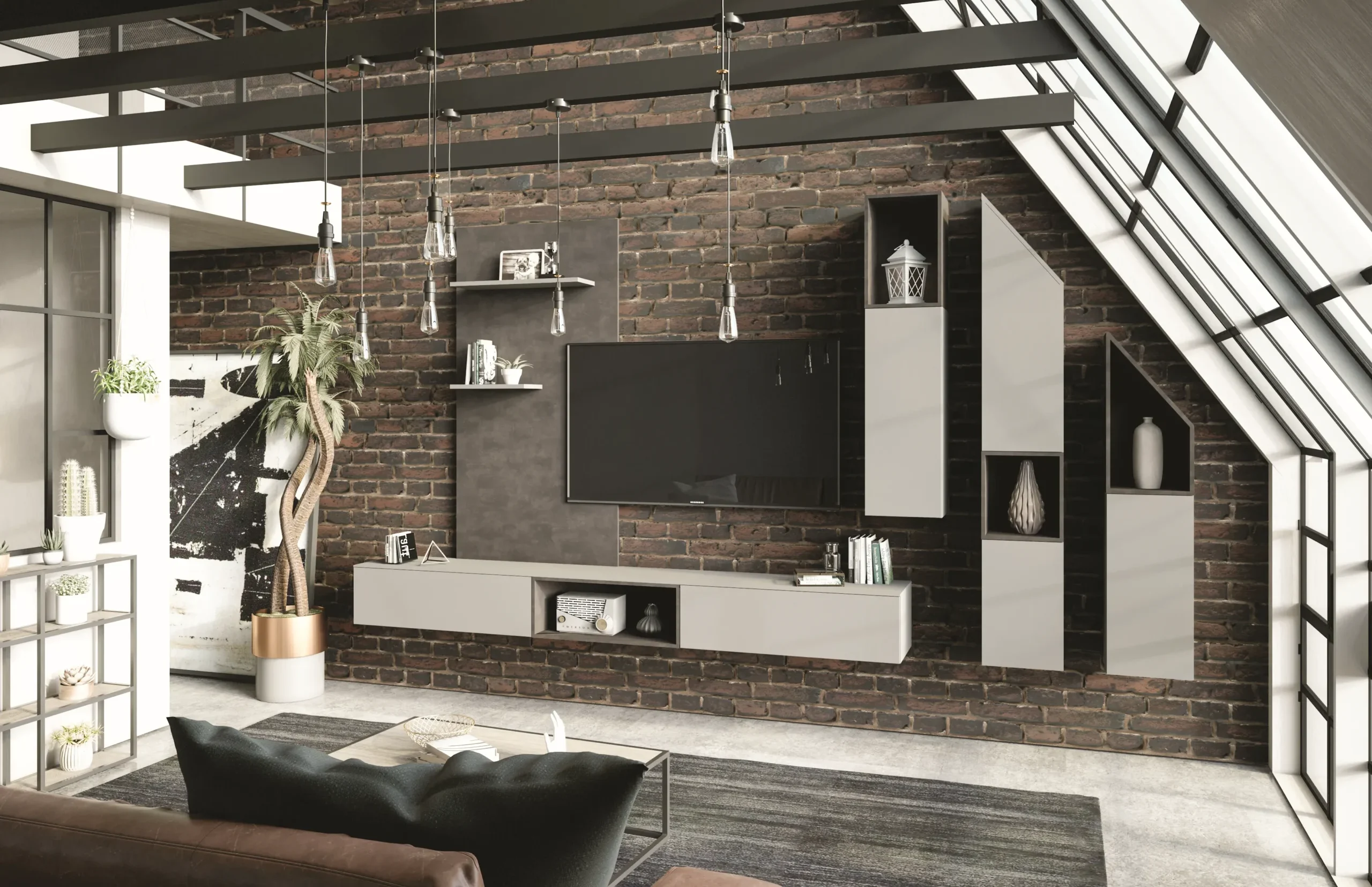 Meuble TV sur mesure style industriel avec modules suspendus, niches ouvertes, rangements bas et mur en briques dans un salon loft.
