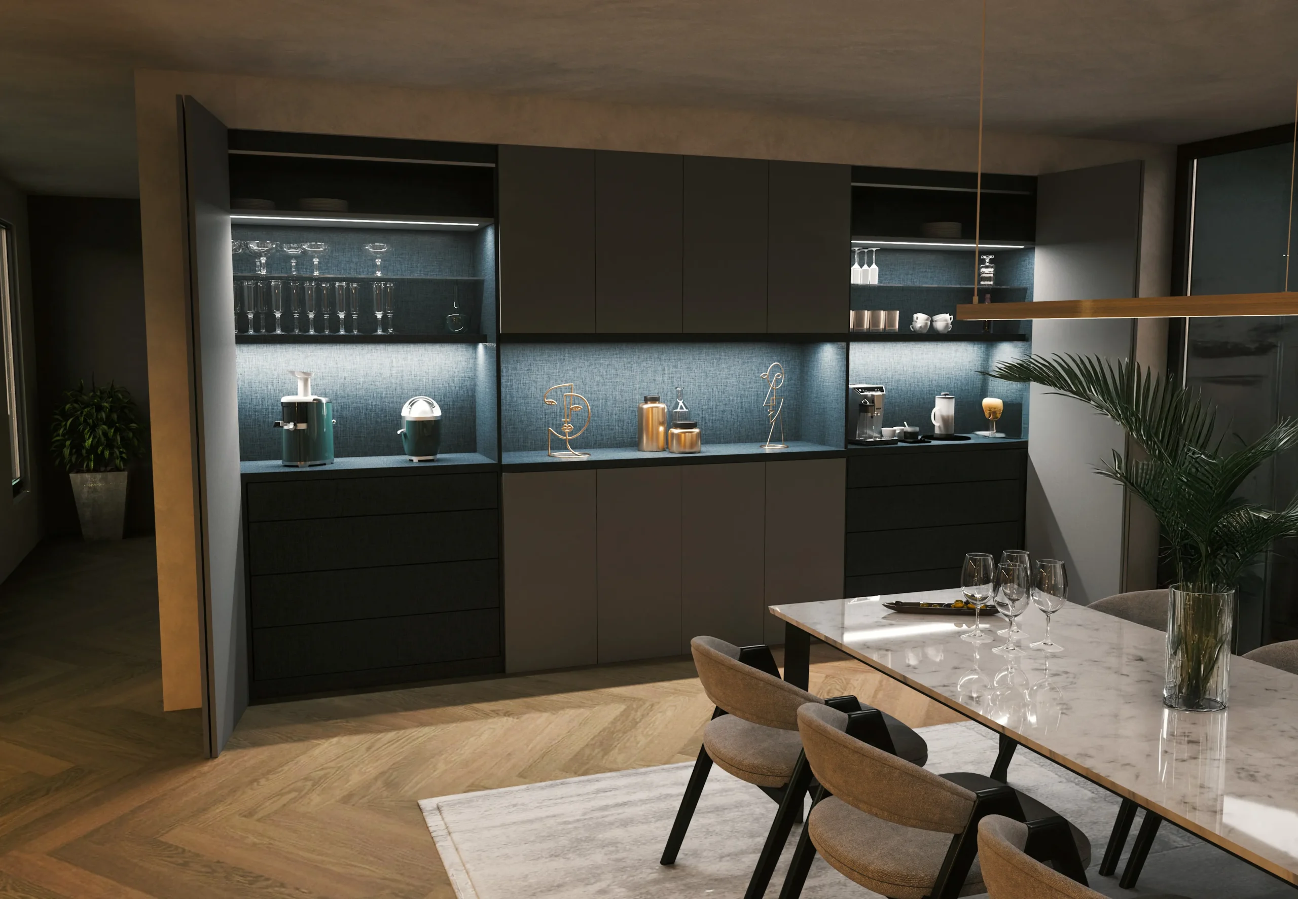 Meuble bar sur mesure dans une salle à manger, avec niches ouvertes éclairées, façades foncées et rangements intégrés.