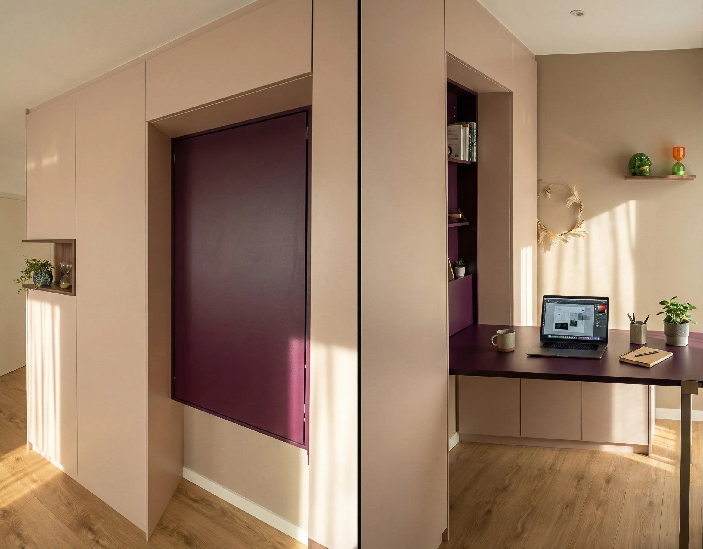 Aménagement sur-mesure avec bureau escamotable, rangements intégrés, façade rose poudré et niche décorative.