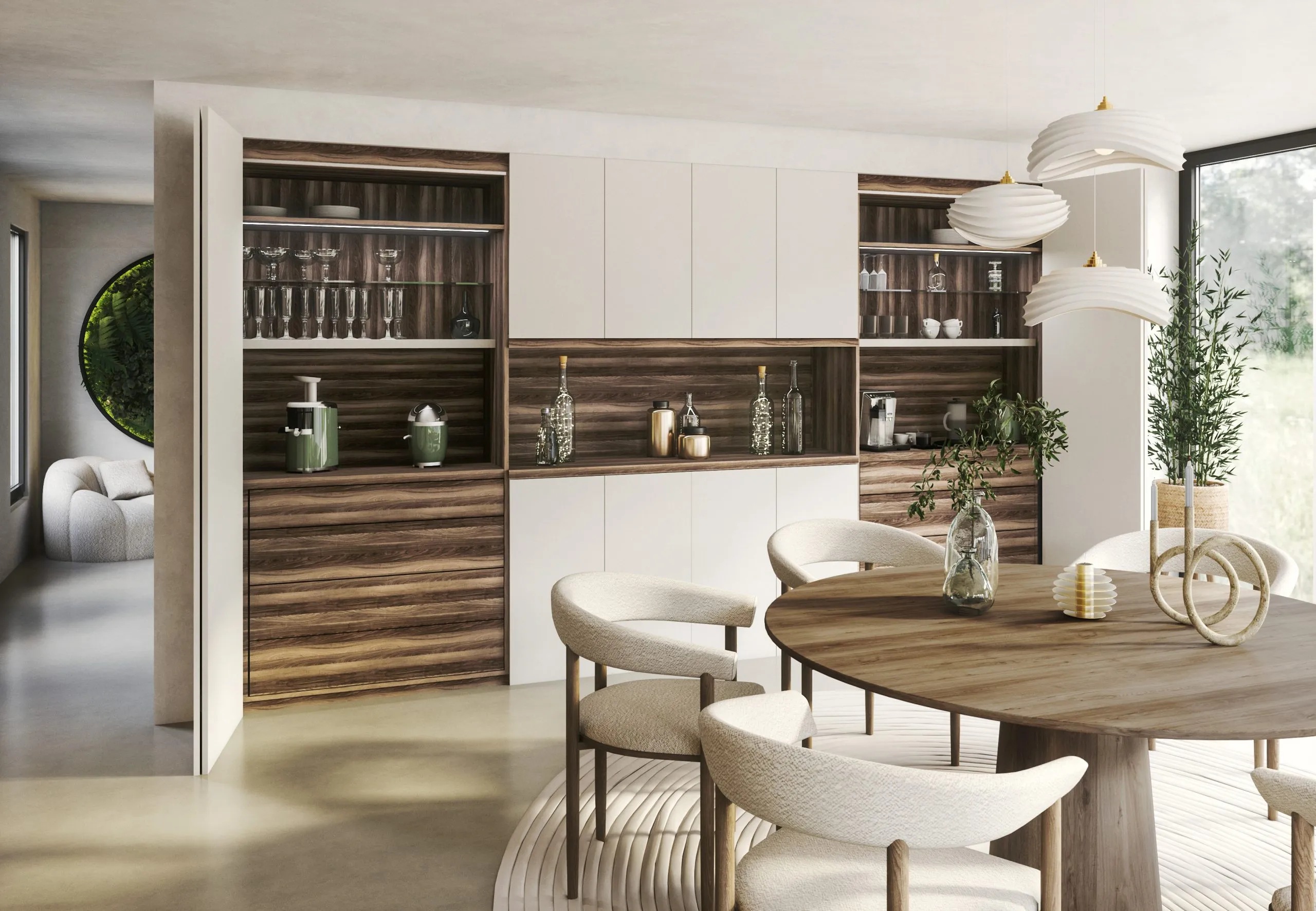 Meuble de salle à manger sur mesure avec rangements blancs, niches décor bois et vitrines ouvertes.