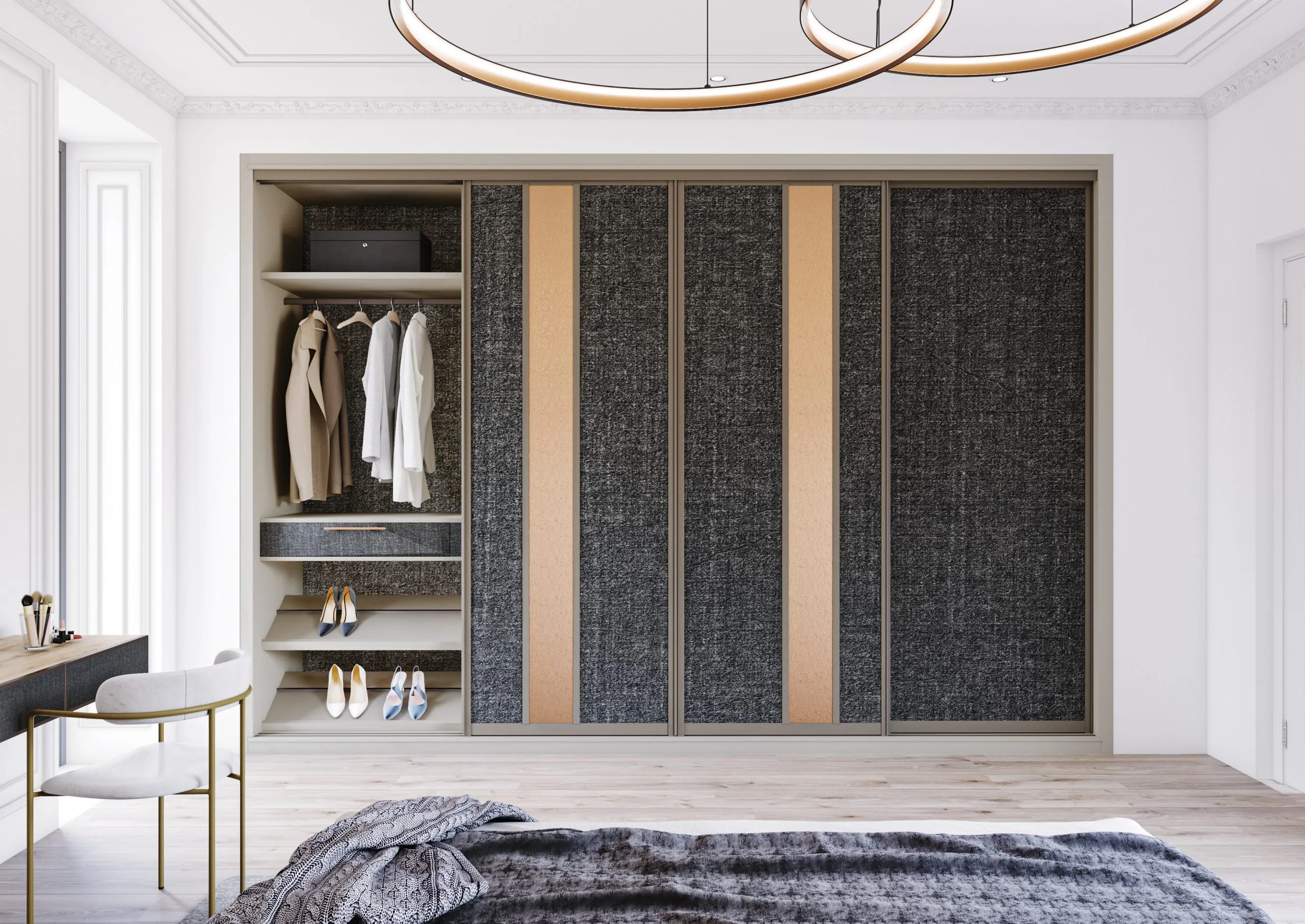Placard coulissant sur mesure avec panneaux texturés gris, inserts décor bois et espace dressing ouvert.