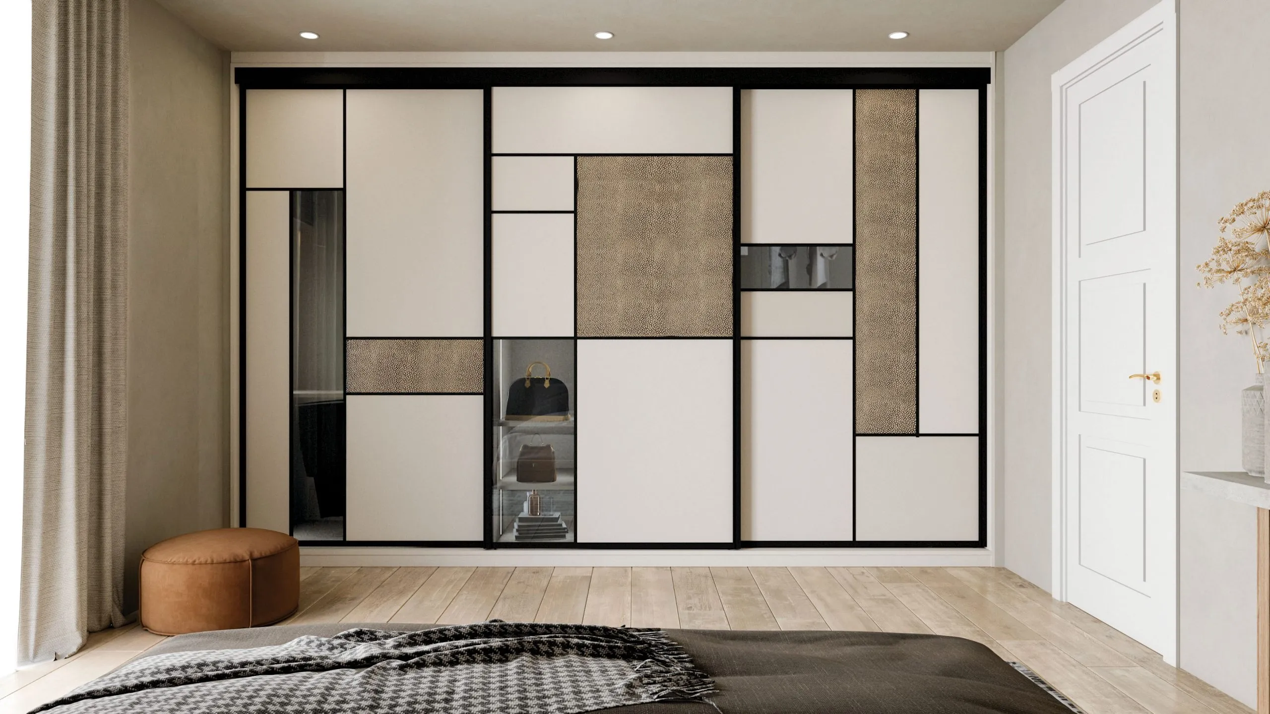 Placard coulissant sur mesure avec panneaux beige, inserts texturés et composition graphique dans une chambre.