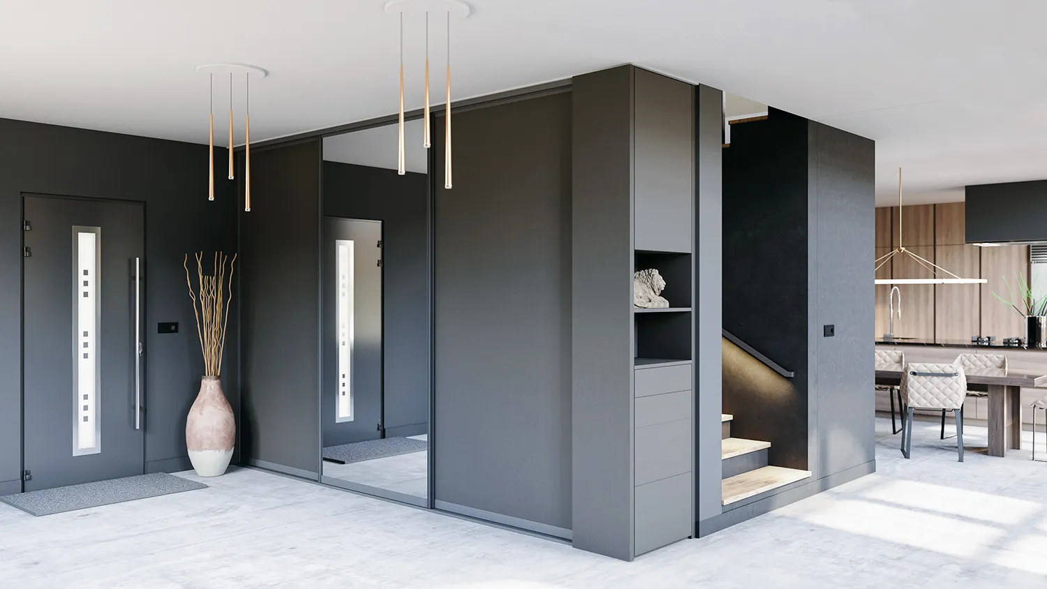 Placard d’entrée sur mesure avec portes coulissantes miroir, rangements intégrés et habillage gris dans une entrée contemporaine.