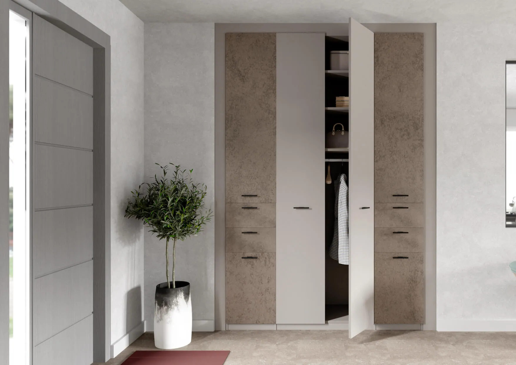 Placard d’entrée sur mesure avec portes ouvertes, penderie intégrée, tiroirs bas et façades effet minéral.