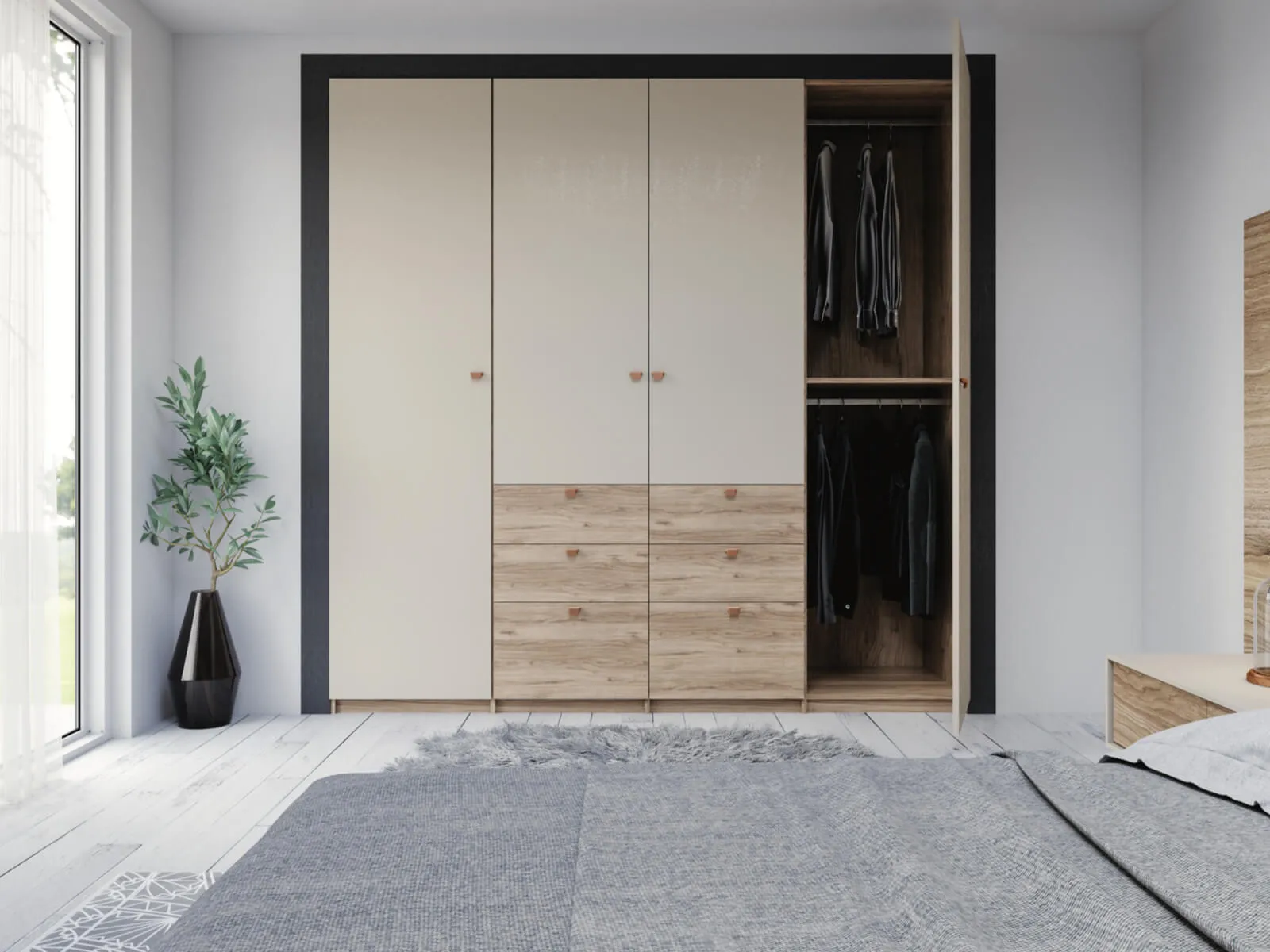 Placard sur mesure avec portes battantes, façades beige et décor bois, penderie intégrée et tiroirs dans une chambre.