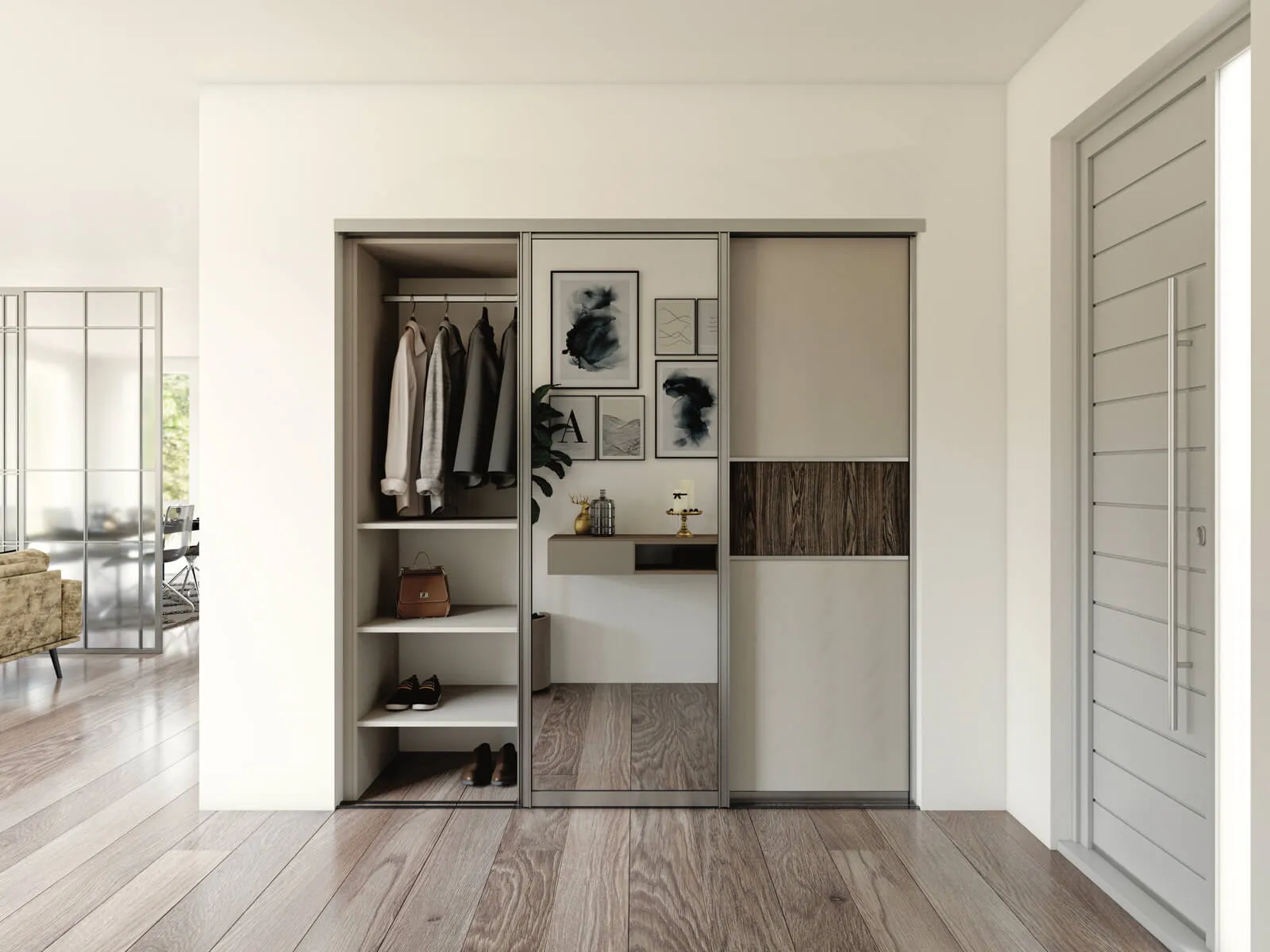 Placard sur mesure avec portes coulissantes, miroir central, penderie ouverte et façades aux tons naturels.