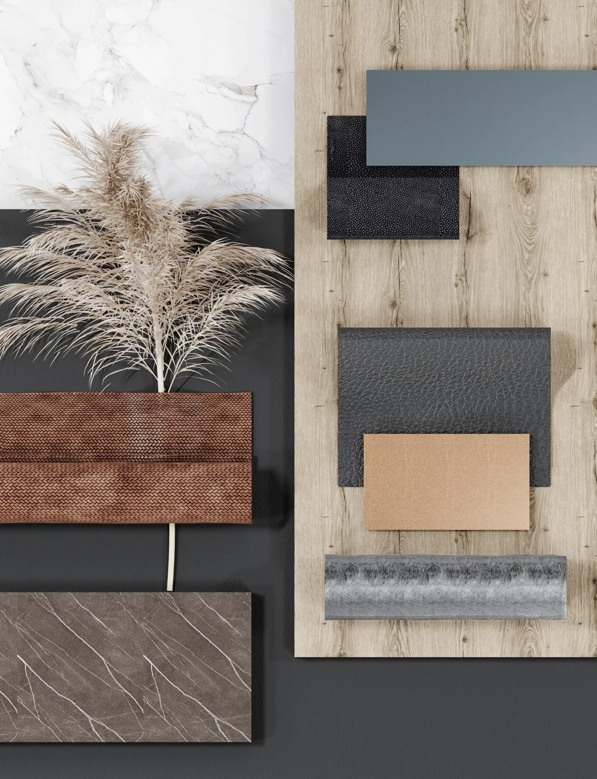 Planche tendance associant décor bois clair, effet marbre, textiles, textures foncées et finitions minérales pour un projet sur mesure.