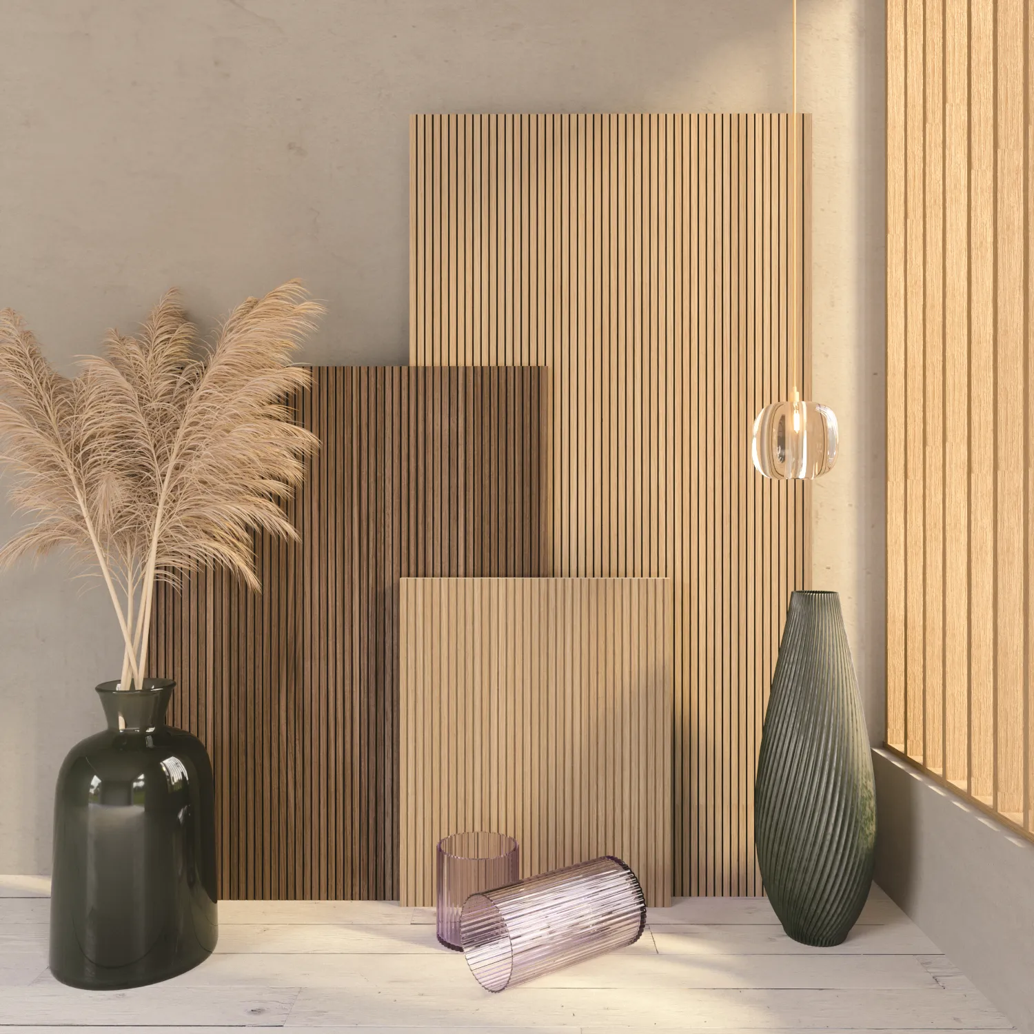 Planche tendance Intérieurs Privés avec panneaux décor bois rainuré, vases décoratifs, pampas et suspension lumineuse.