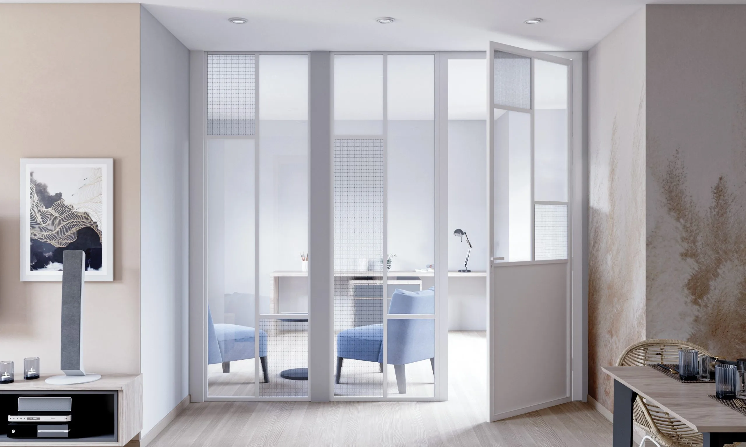 Portes vitrées battantes sur mesure avec structure blanche, panneaux translucides et accès vers un bureau.