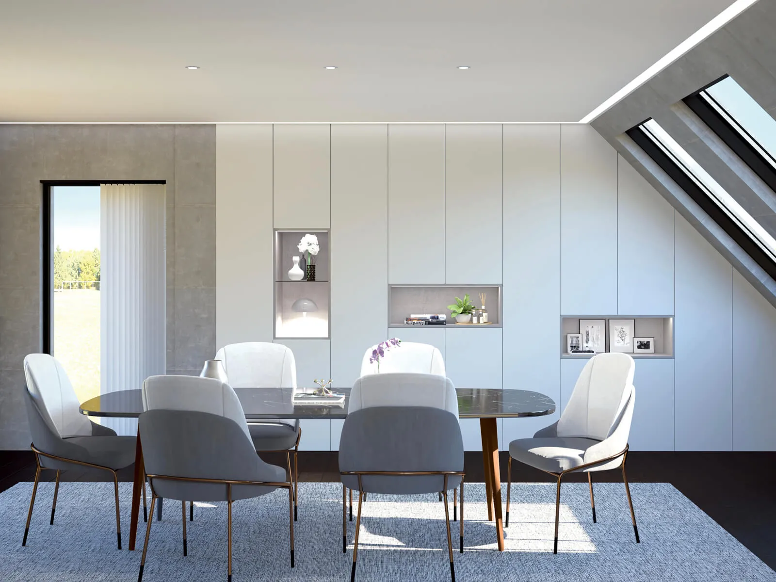 Rangements sur mesure toute hauteur dans une salle à manger lumineuse avec niches décoratives et façades claires.