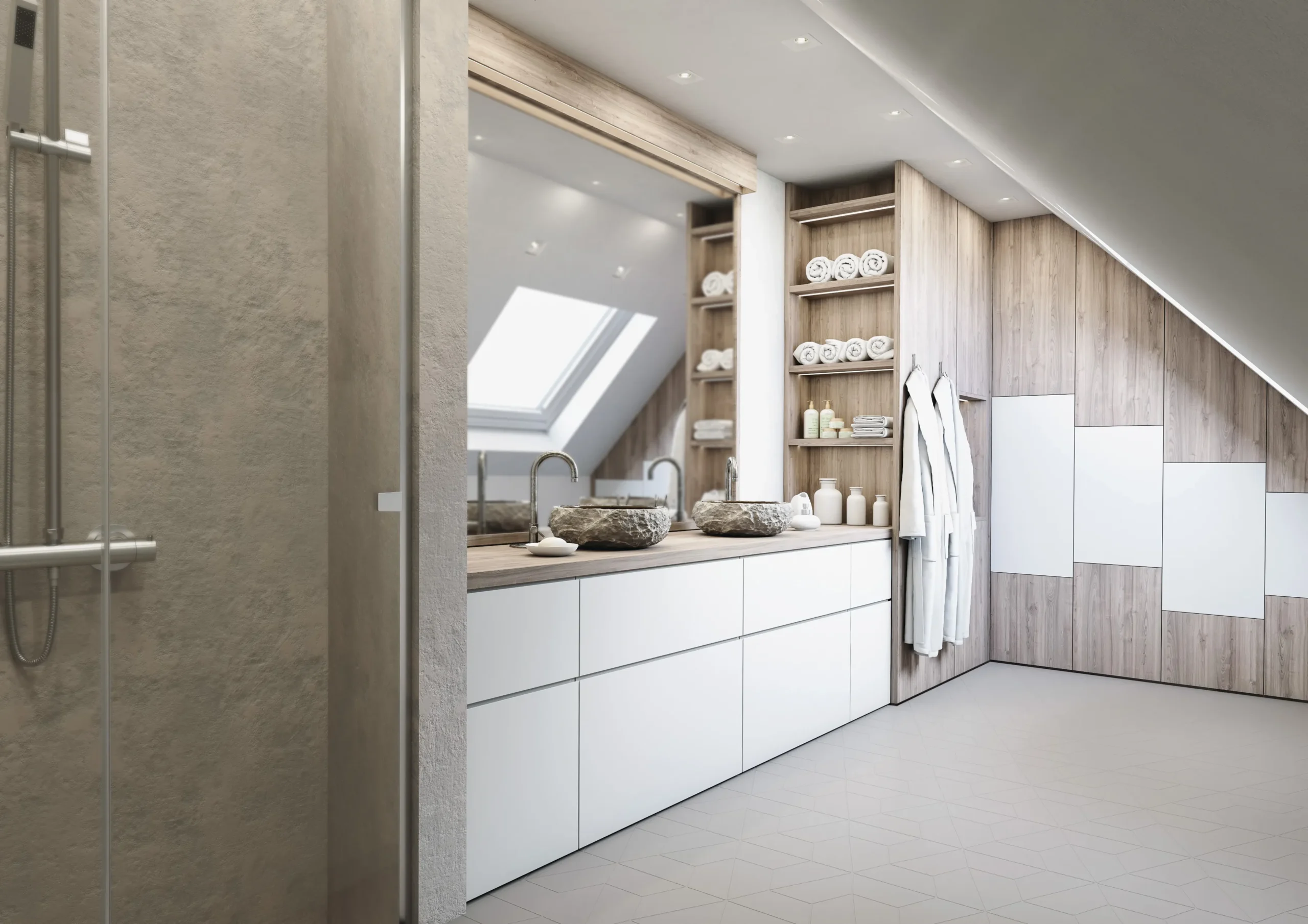 Salle de bain sous combles avec meuble vasque sur mesure, rangements décor bois, façades blanches et niches ouvertes.