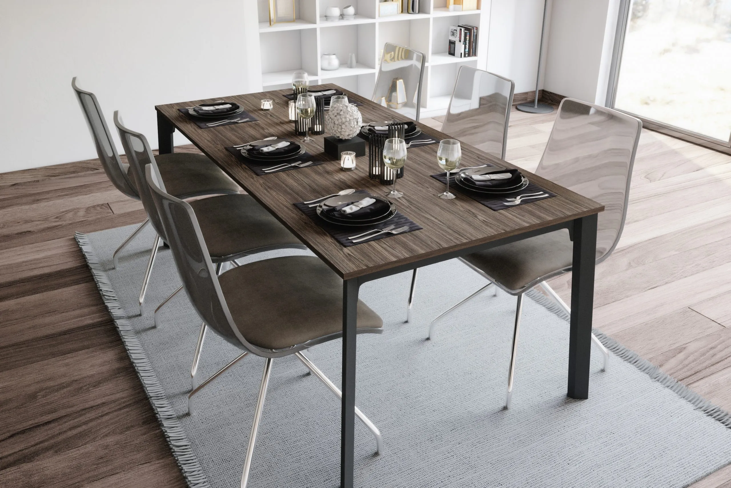 Table de repas sur mesure avec plateau bois, piètement noir et chaises design dans une salle à manger lumineuse.