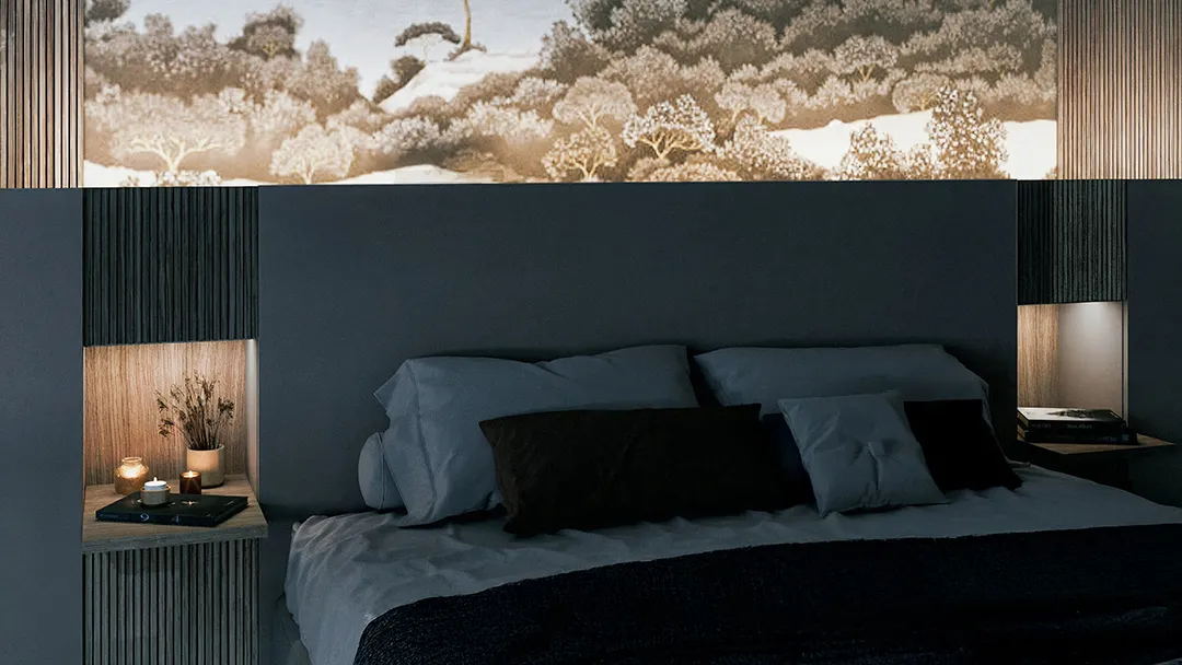 Chambre élégante avec tête de lit sur-mesure, niches éclairées, tasseaux noirs et ambiance nocturne raffinée.