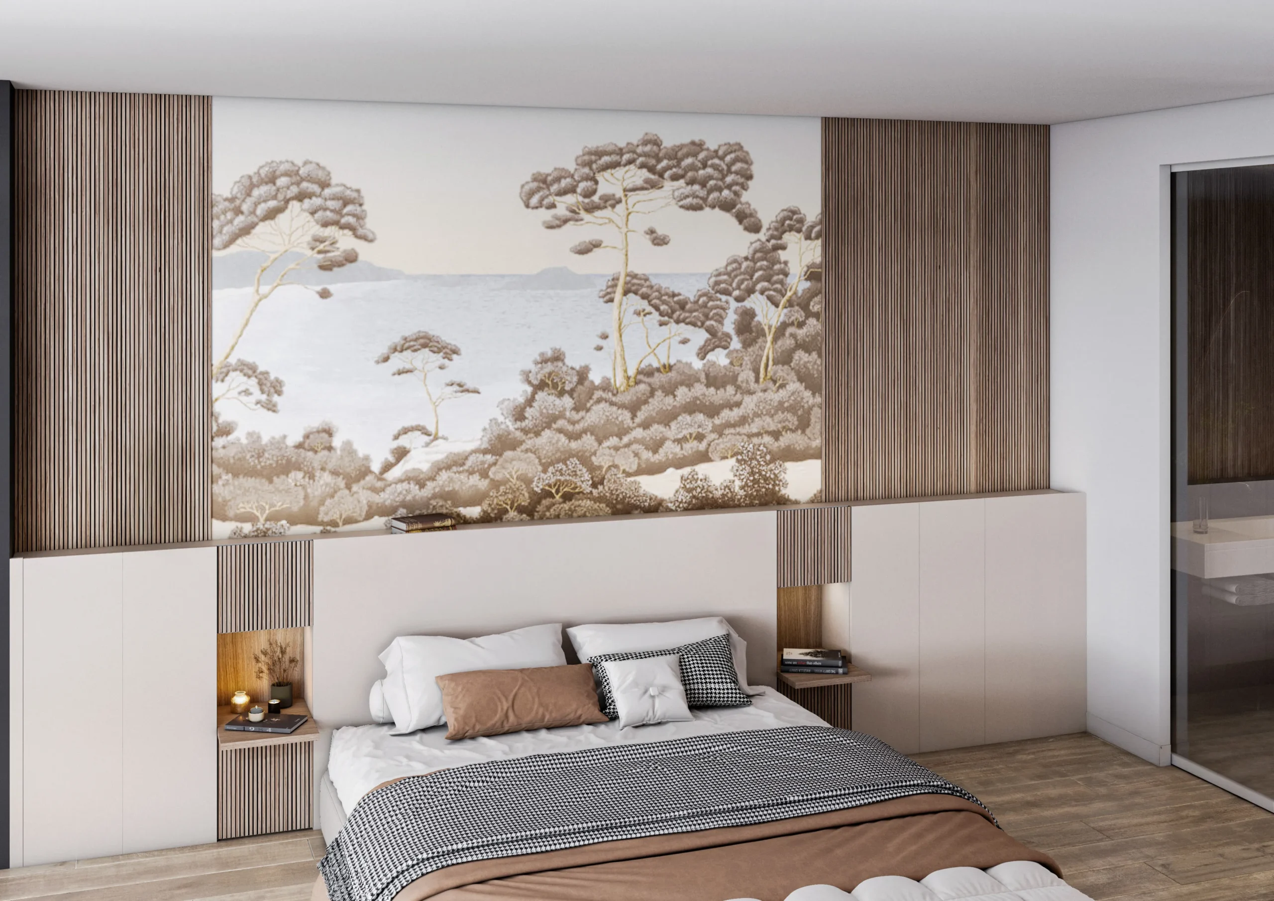 Suite parentale Japandi avec tête de lit sur mesure, rangements intégrés, panneaux bois rainurés et papier peint panoramique.