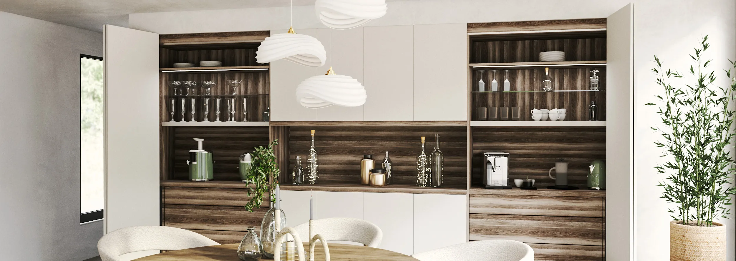 Vaisselier sur mesure avec façades blanches, niches décor bois, tiroirs et espaces ouverts pour la vaisselle.
