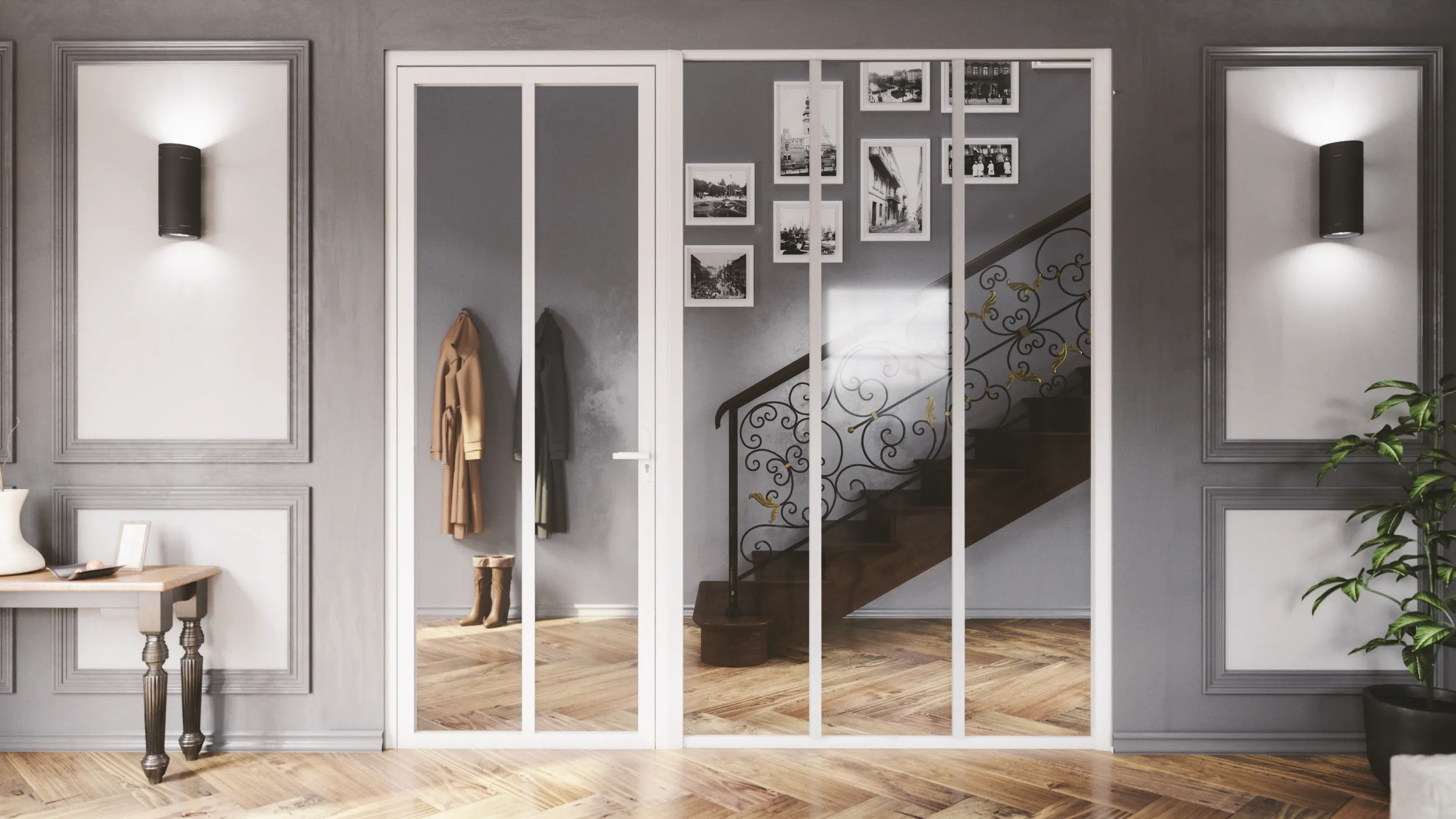 Verrière de séparation blanche avec porte battante vitrée, structure fine et vue sur un escalier dans une entrée élégante.