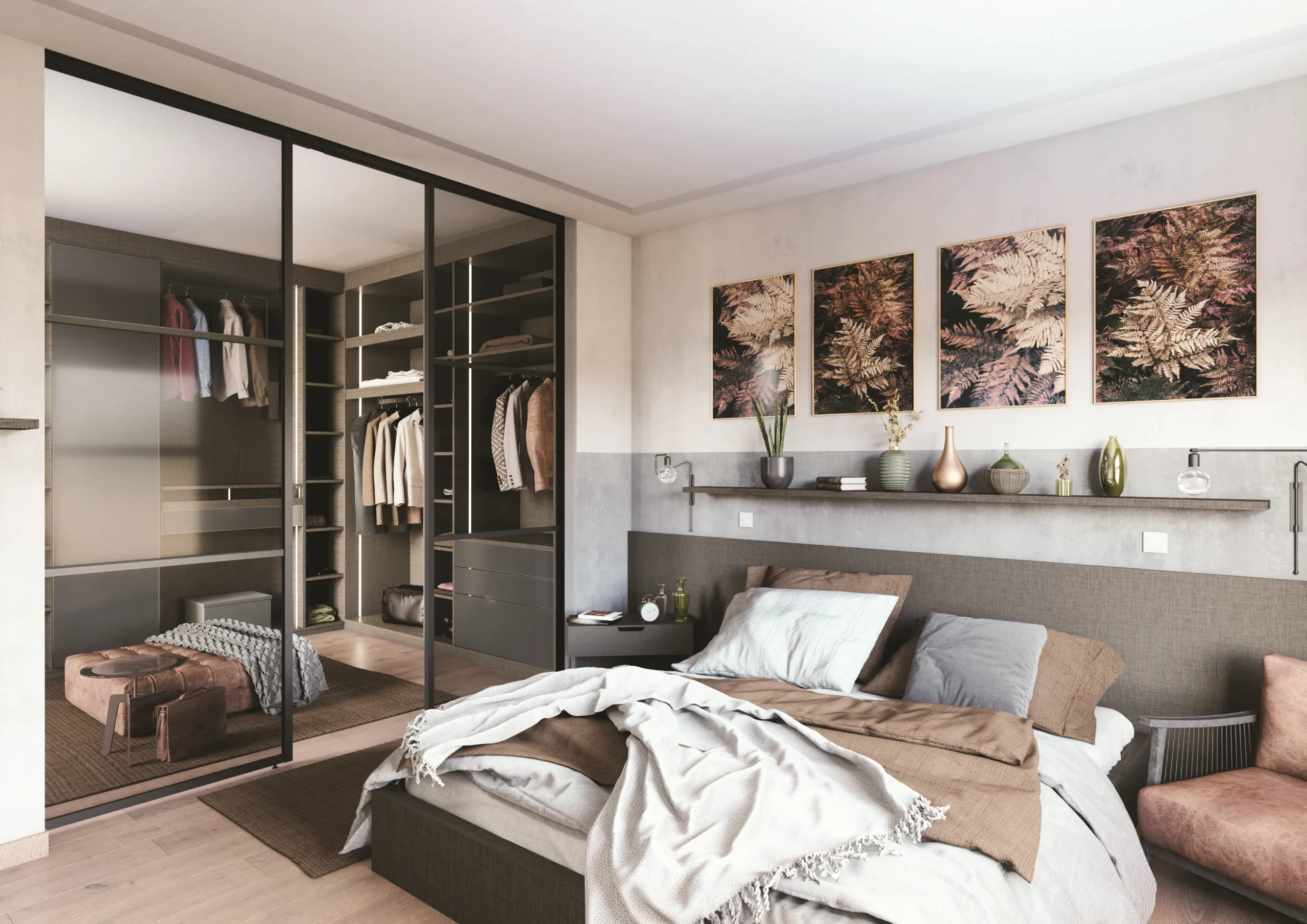Verrière de séparation sur mesure entre chambre et dressing, avec structure noire, portes vitrées et rangements intégrés.